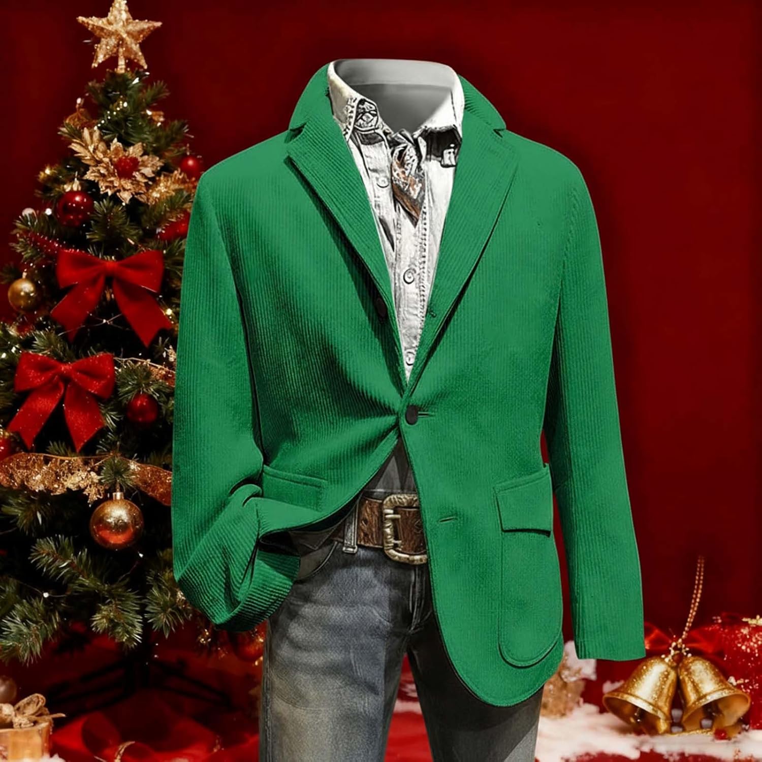 Mens Christmas Corduroy Jacket for Holiday Party Single-Breasted Casual Business Blazer with Pocket, Festive Outerwear