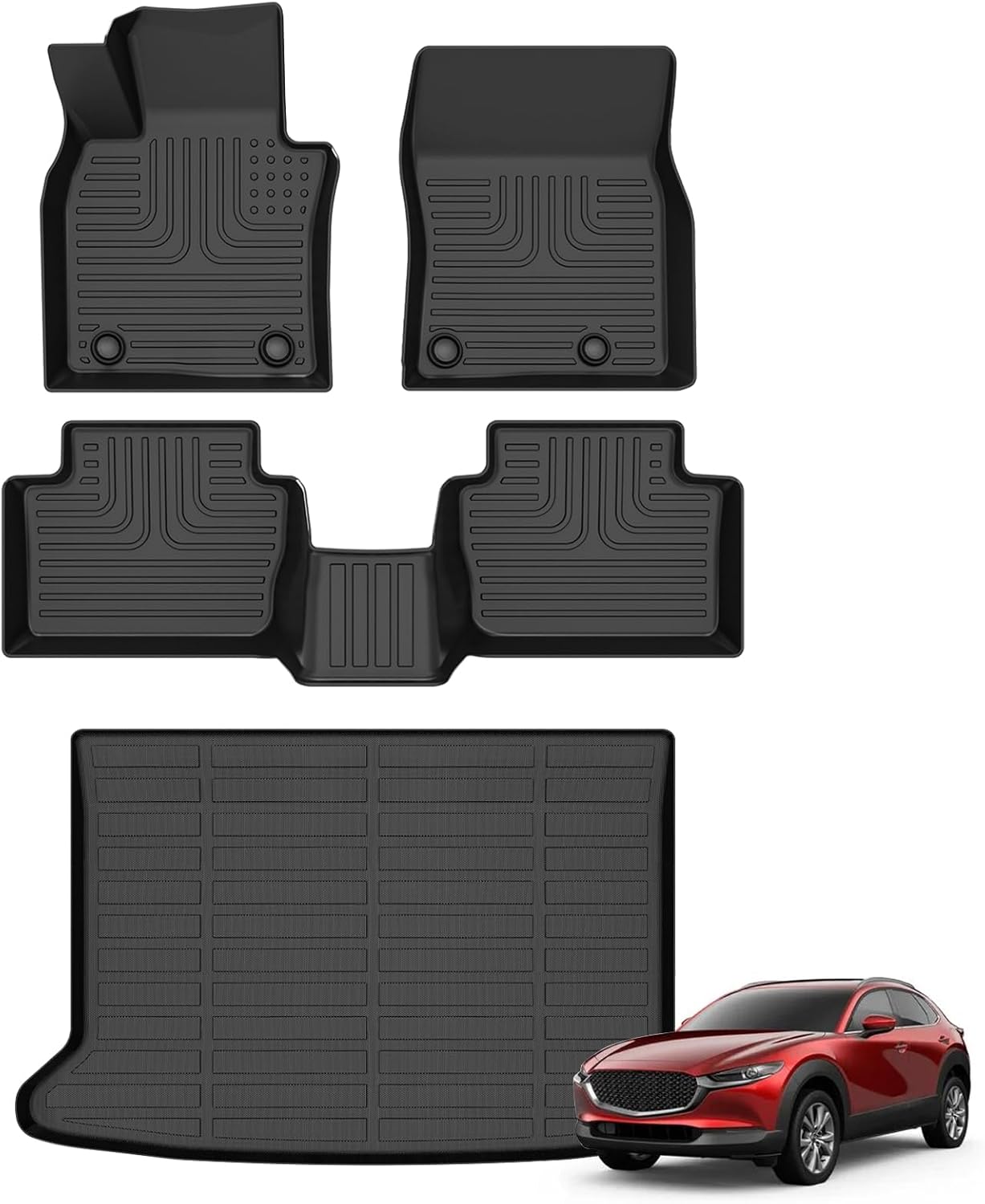 Floor Mats & Cargo Liner for Mazda CX-30 2020-2024 2025 All Weather Automotive TPE Liners Set Anti-Slip Waterproof Floor Liners Accessories (Car Mats+Trunk Mat) Black CX-30 2020-2025 Full Set