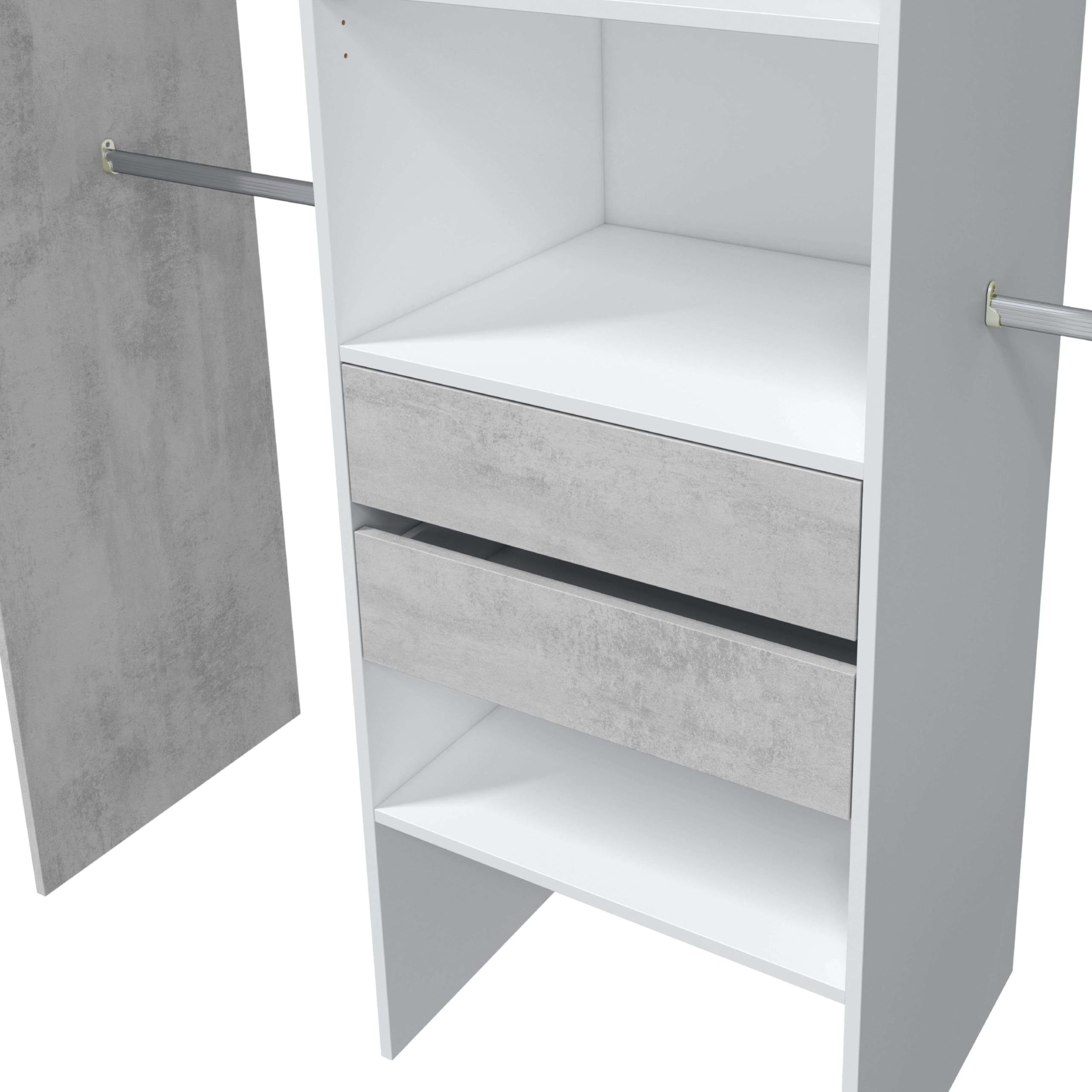 Habitdesign Armario Vestidor con 2 Cajones, Vestidor con Barras y Baldas, Acabado en Blanco Artik y Gris Cemento, Medidas: 179 cm (Ancho) x 202 cm (Alto) x 50 cm (Fondo)