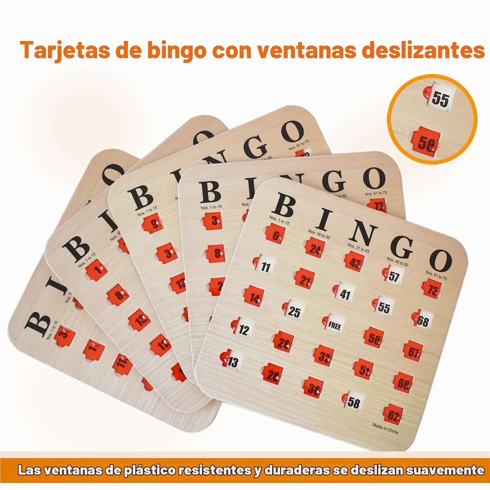 Yuanhe Tarjetas de Bingo con Ventanas deslizantes, Reutilizables, para Viajes, Paquete de 25, Color Madera