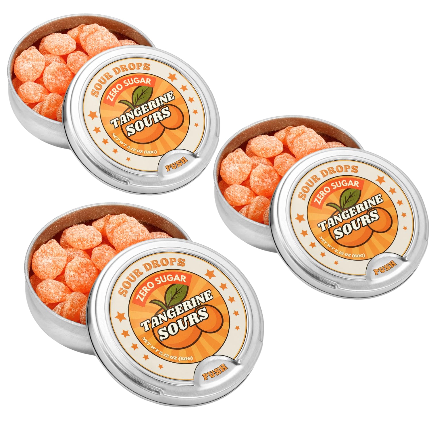Sour Drops - Tangerine Zero Sugar Sour Hard Candy - Small Batch - No Artificial Sweeteners or Dyes - Vegan, Gluten Free - 3 Gift Tins (60g Each)