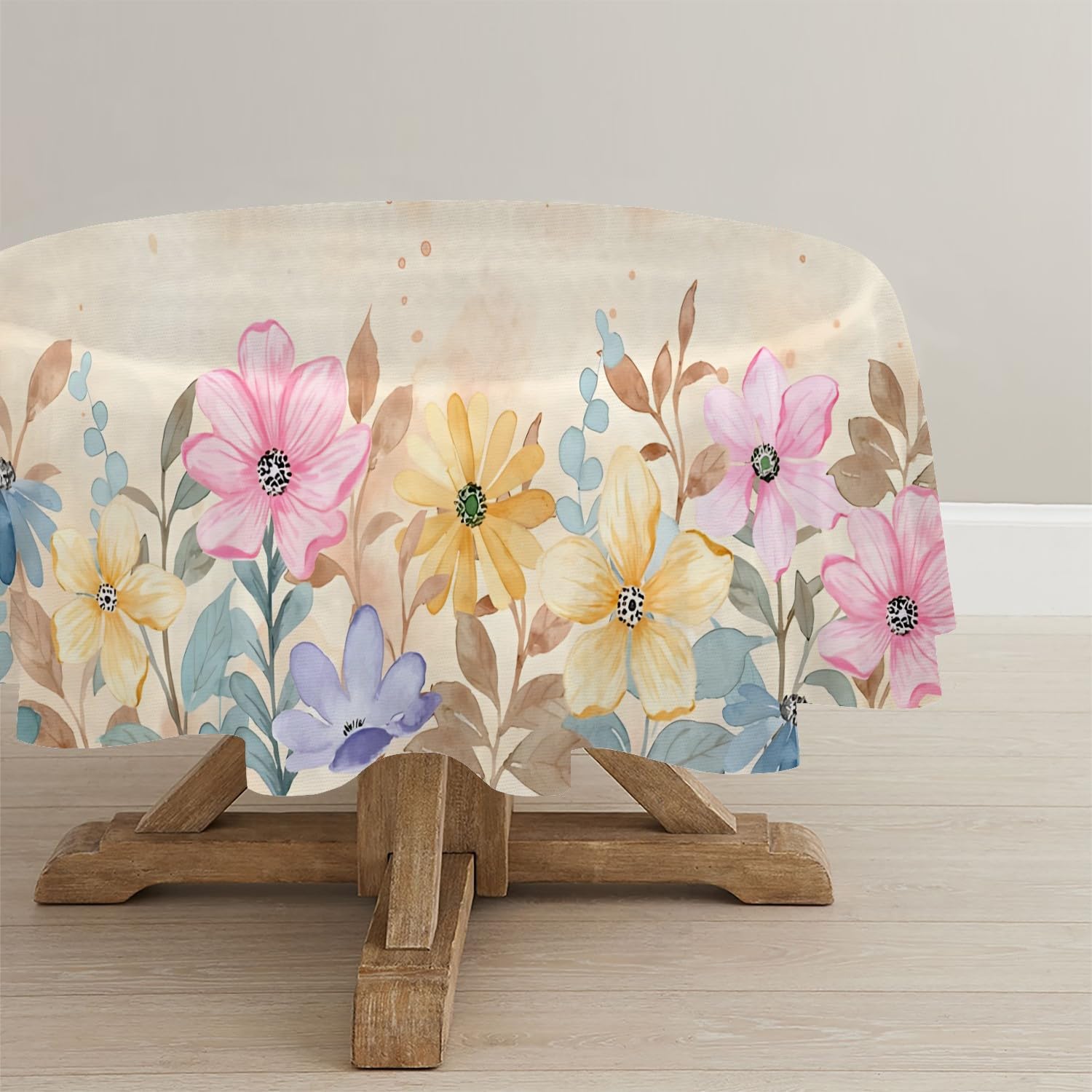 Wildblume Abwaschbar Tischdecke Rund 160, Boho Botanisch Tischtuch aus Polyester Wasserabweisend mit Lotuseffekt, Frühlingsblumen Tischdecken für Esszimmer, Party, Balkon, Garten, G-271