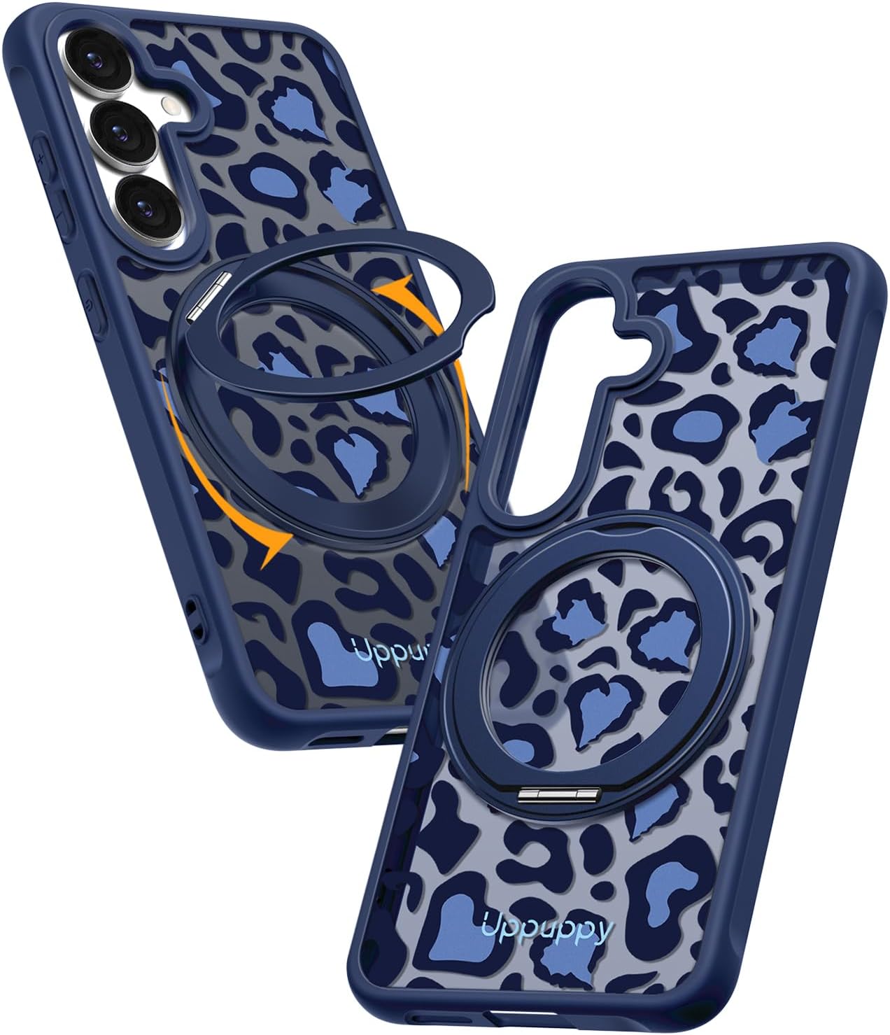 Uppuppy for Samsung Galaxy S25 Case - Compatible with MagSafe for Women Girls Bulit-in 360° Rotatable Magnetic Ring Holder Kickstand Cute Aesthetic Blue Cheetah Print Design for Samsung S25