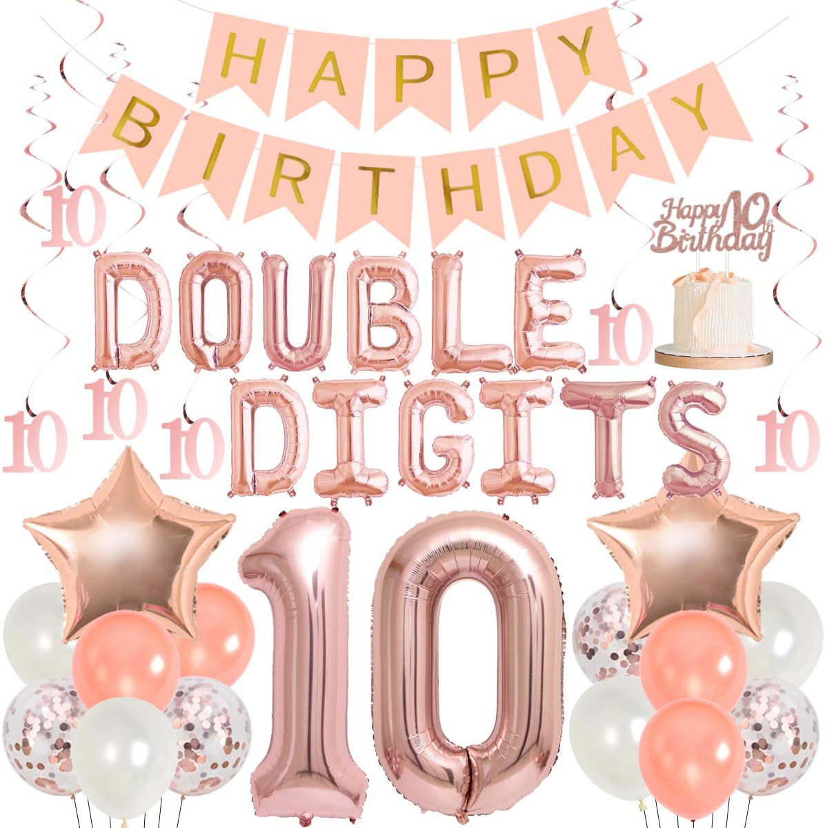10th Birthday Decoration Girl Rose Gold Double Digits 10 Birthday Decorations with Number 10 Balloons Hanging Swirls Cake Topper