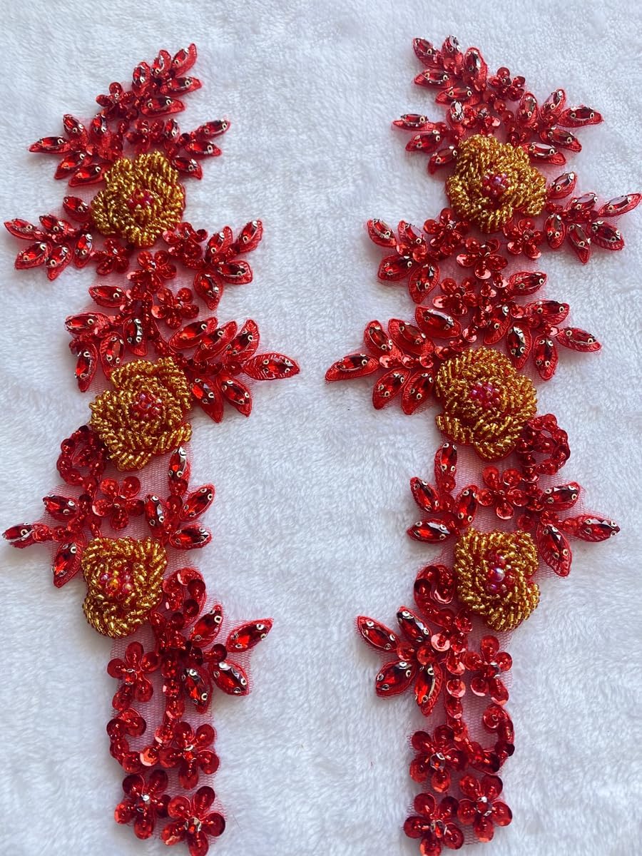 Jpumley. Pksn Handmade Rhinestones on Lace Applique Trim Sewing Beads Sequins Trim Patches for Wedding Dress Accessories 1Pair/Bag 6X14inches (Red Gold) image 5