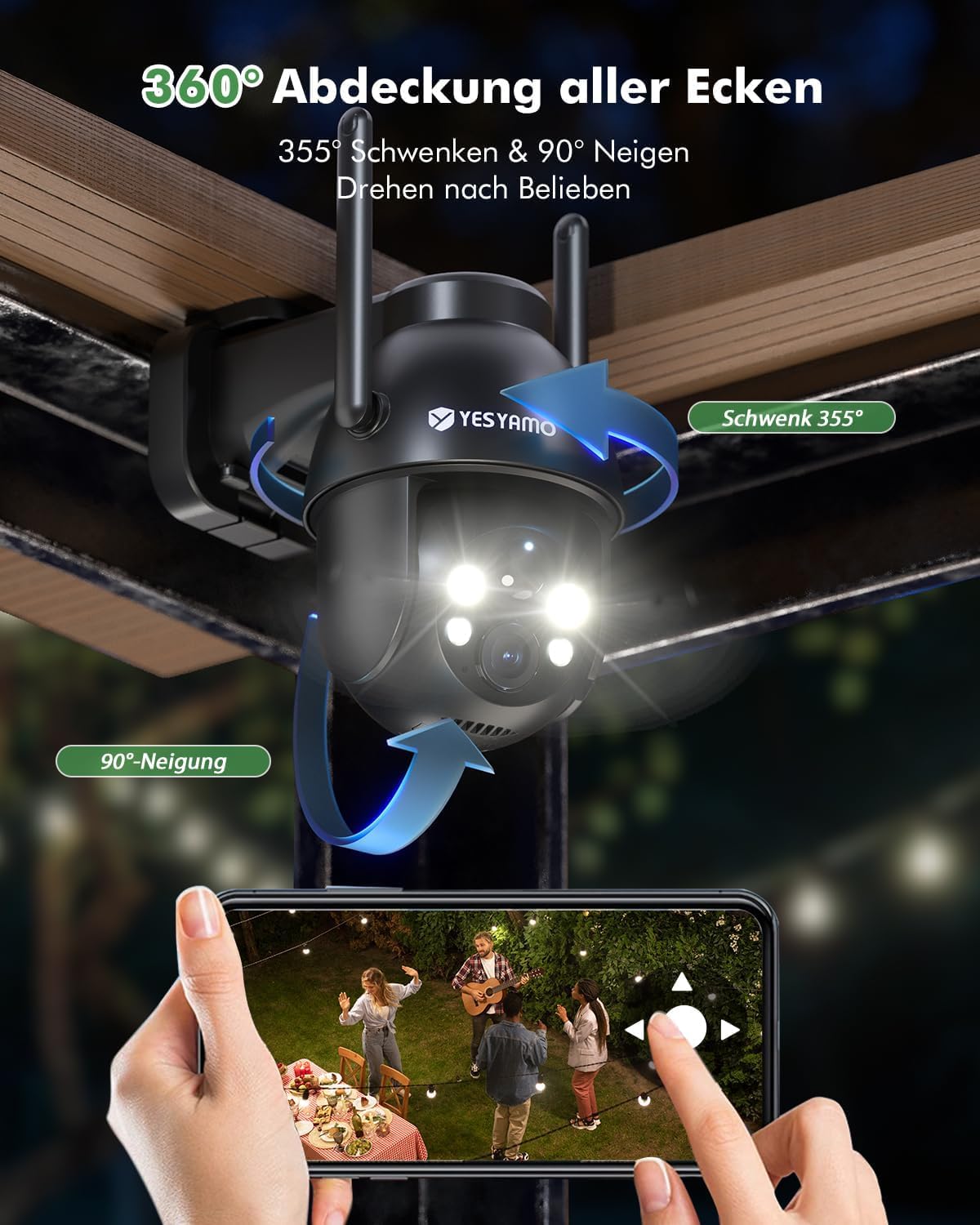 YESYAMO 2K Überwachungskamera Aussen Akku, 355°/90° Pan Tilt WLAN Kamera mit Farbnachtsicht, solar Kamera Überwachung außen, PIR Bewegungsmelder, IP66, Cloud/SD Storage, 2-Wege-Audio, 2,4 GHz WLAN