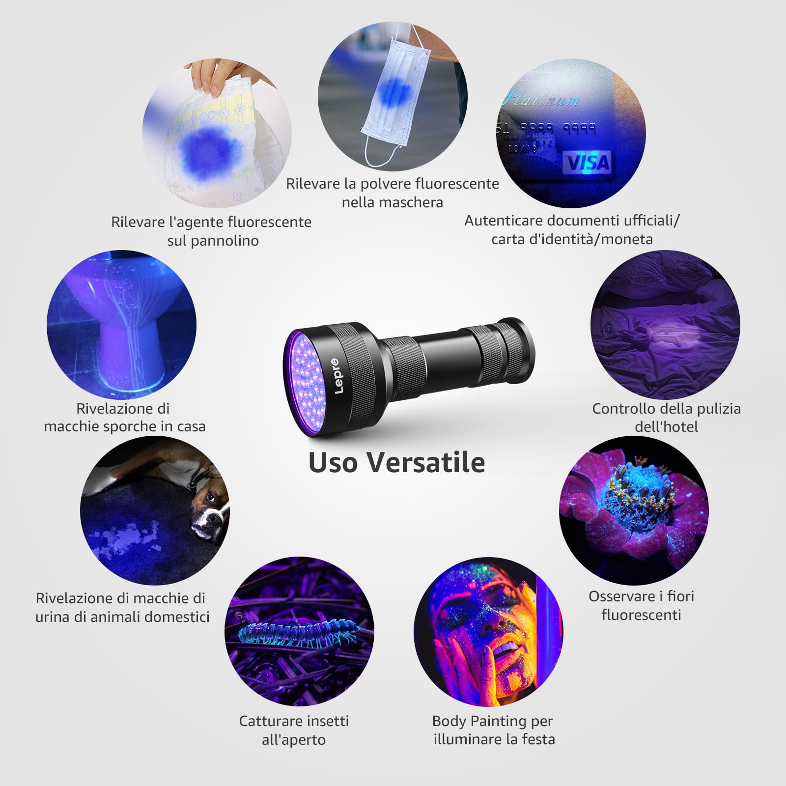 Lepro Lampada UV,51 LEDs Luce UV, Torcia UV LED, 395NM Ultravioletta, Portatile Rilevatore di Black Light per Urina di Cane/Gatto, Scorpione, Banconote,Rileva la Vernice Fluorescente
