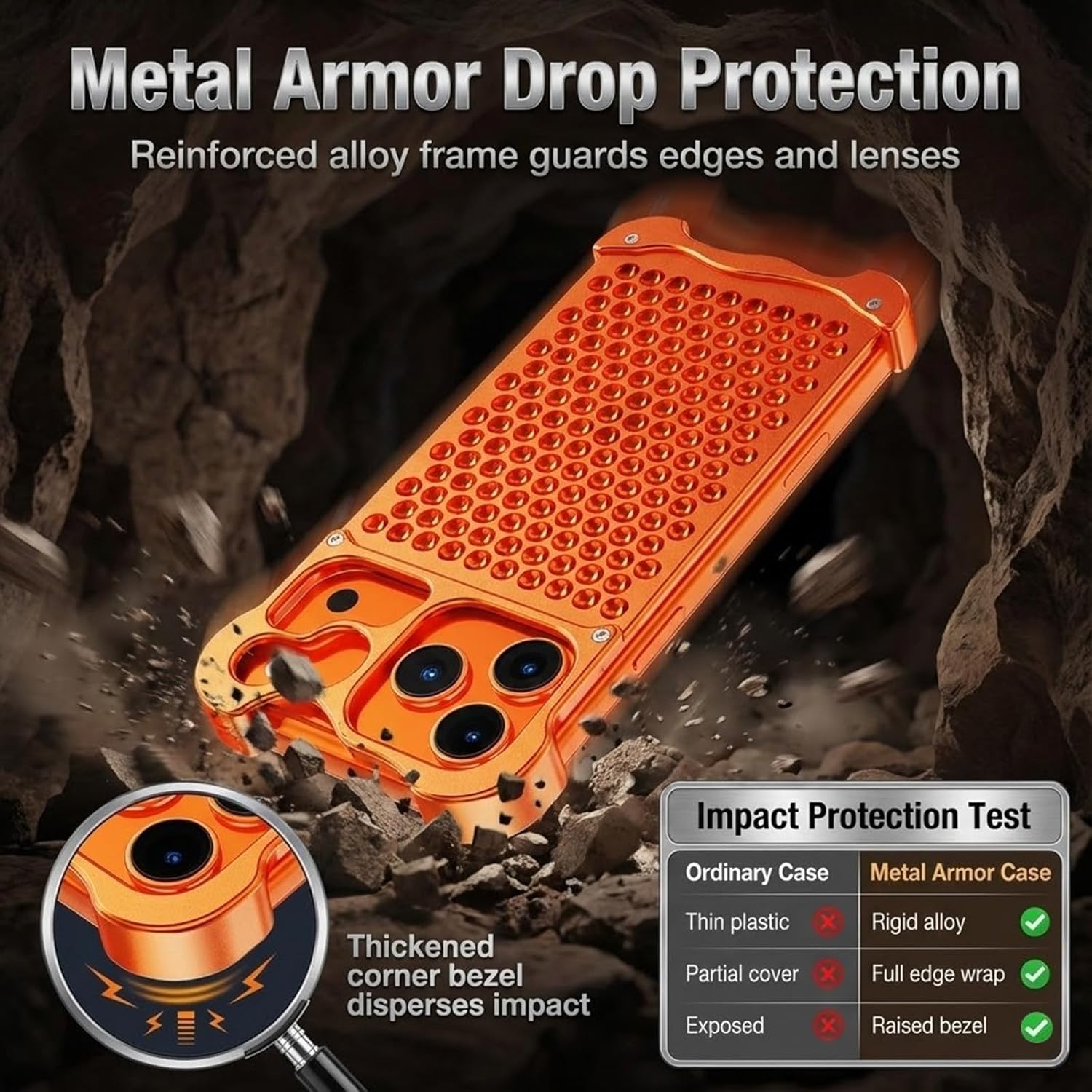 CNC Aluminum Cooling Case for iPhone 17 Pro Max/17 Pro/17 Air/17, Heat Dissipation for Gaming, 3D Honeycomb Mesh, Screw-Lock Metal Armor, Heavy Duty Bumper(Orange,17 Pro Max)