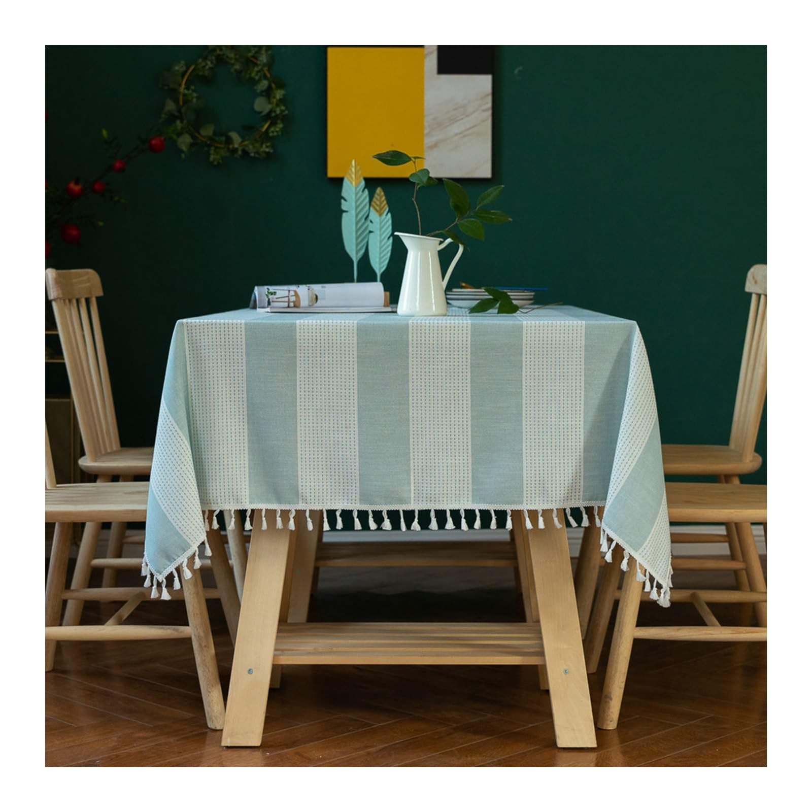 Mantel elegante rectangular de poliéster, manteles de restaurante lavables a rayas con borlas, para cocina, restaurante, Navidad, color verde azulado, 140 x 300 cm