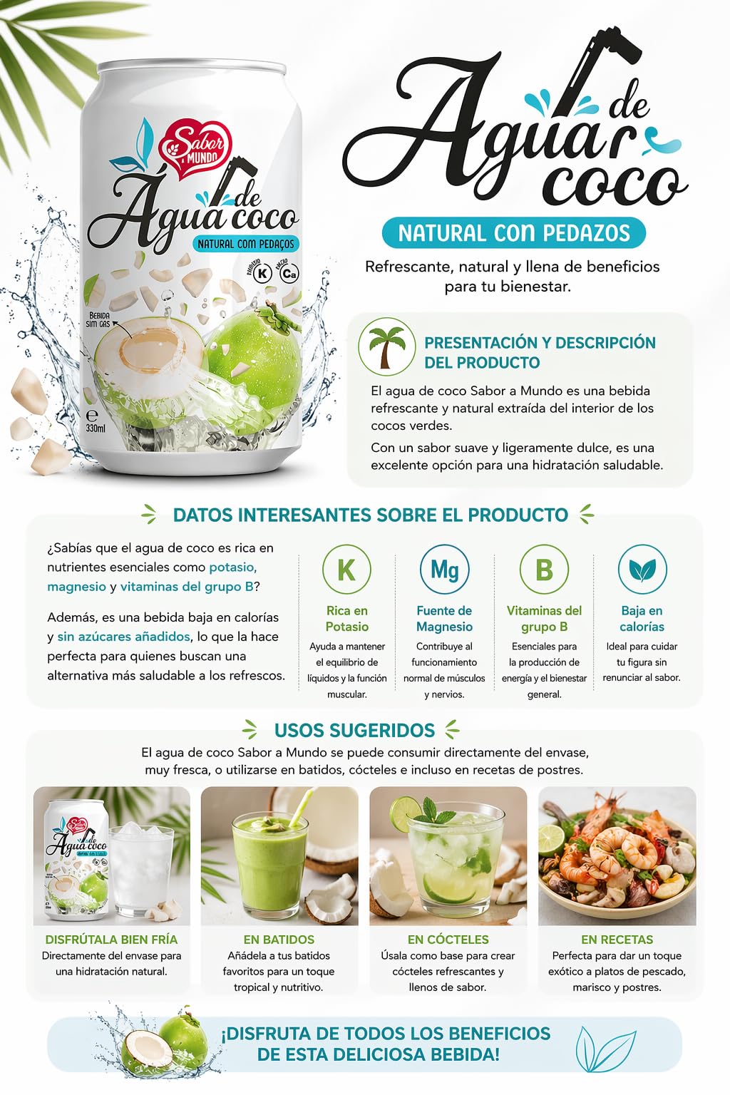 Pack 24 Agua de Coco Natural con Pulpa 330ml Sabor a Mundo | Bebida Isotónica Natural, Rica en Potasio y Calcio, Sin Gas, Hidratación Saludable
