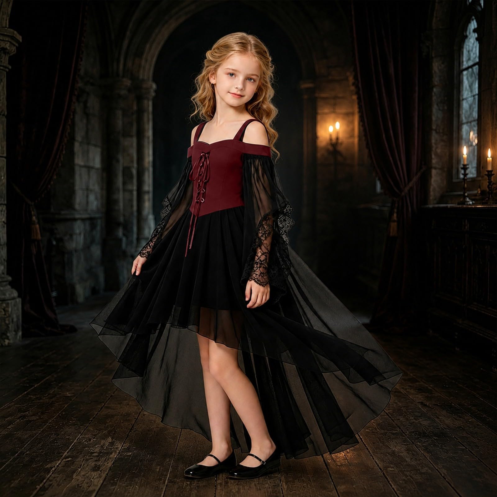 Vokuhila - Vestito medievale per Halloween, per bambine, gotico, cosplay | Vestito da principessa per bambini, a maniche lunghe, con spalle scoperte, in pizzo, stile vittoriano, vampiro, carnevale