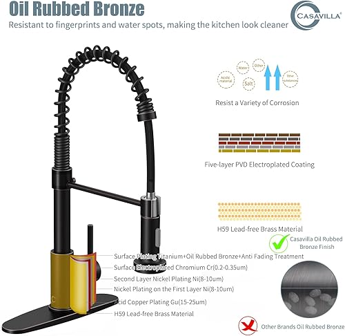 Miniatura 8 de Juego de grifos de cocina de un solo mango de bronce aceitado con rociador desplegable y dispensador de jabón, 17 pulgadas de alto