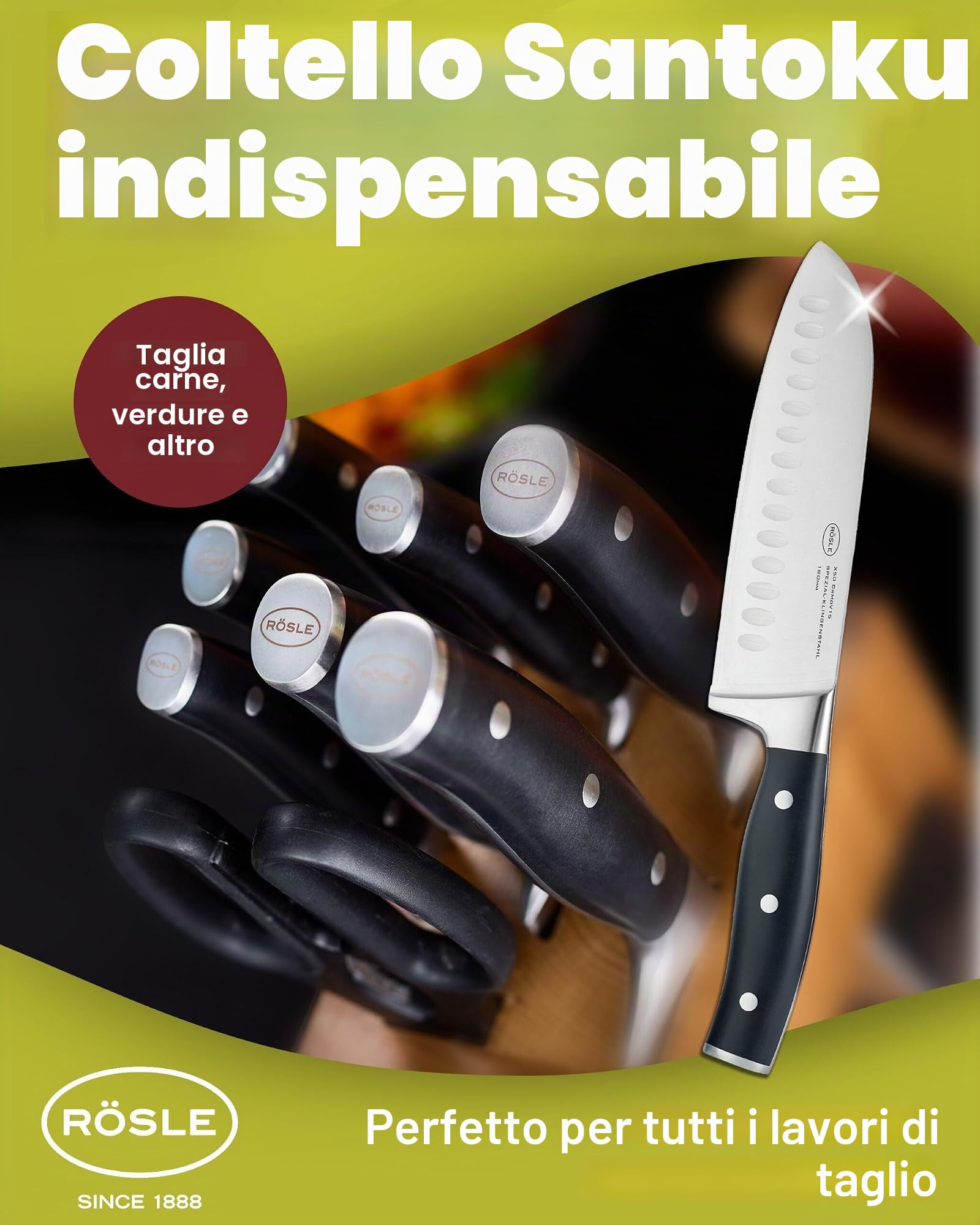 RÖSLE Coltello da chef Tradition per tagliare carne, pesce, pollame e verdura, di alta qualità, con lama dritta in acciaio speciale per lame e manico in resina acetalica nera, protezione per dita
