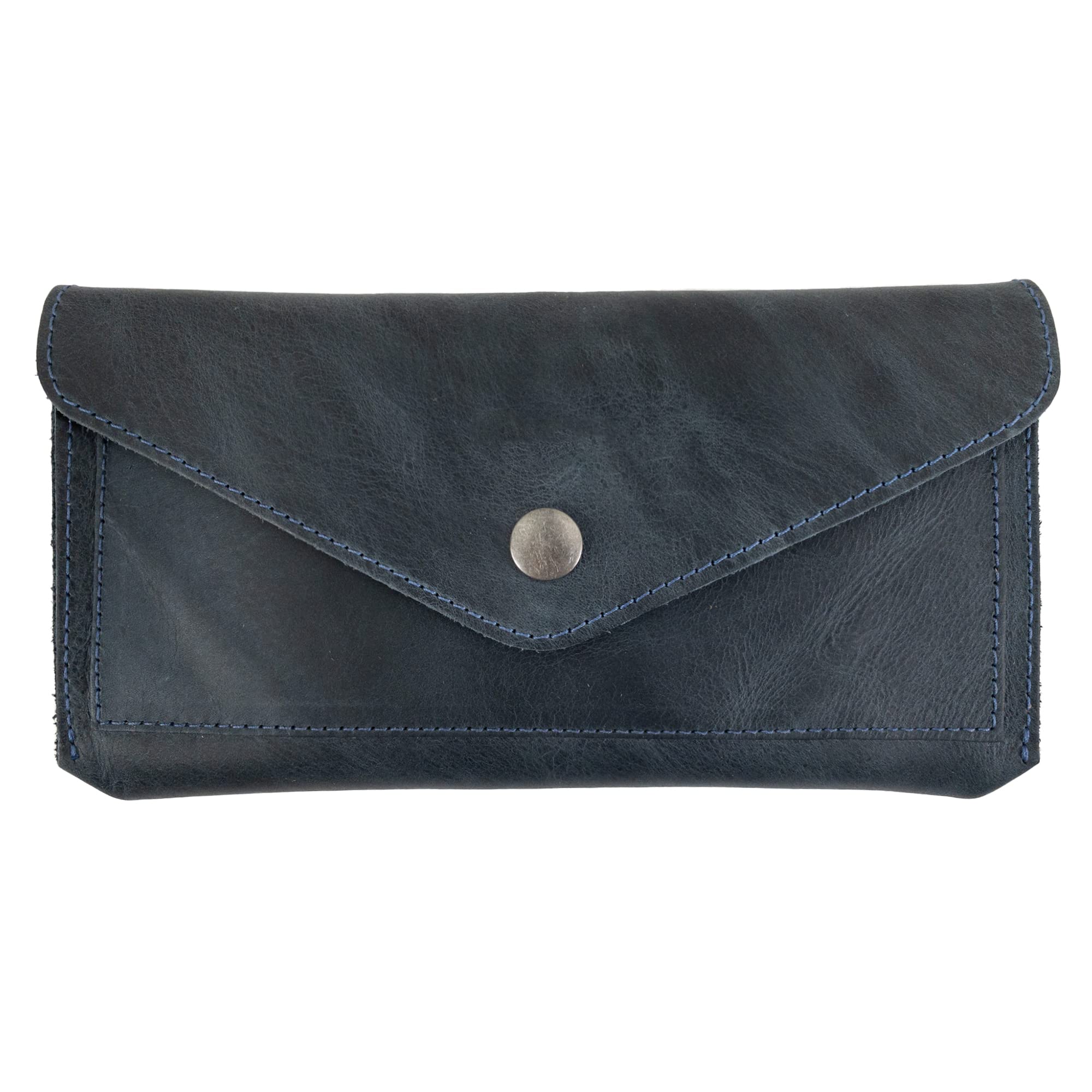 Hide & Drink, Full Grain Leather Large Female Wallet, Travel Organizer for Women, Vintage Money and Card Holder, Handmade, Slate Blue