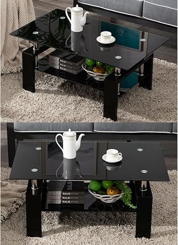 Miniatura 8 de Mesa auxiliar con estante de almacenamiento, mesa de centro de 2 niveles con parte superior de vidrio para sala de estar, muebles de diseño moderno