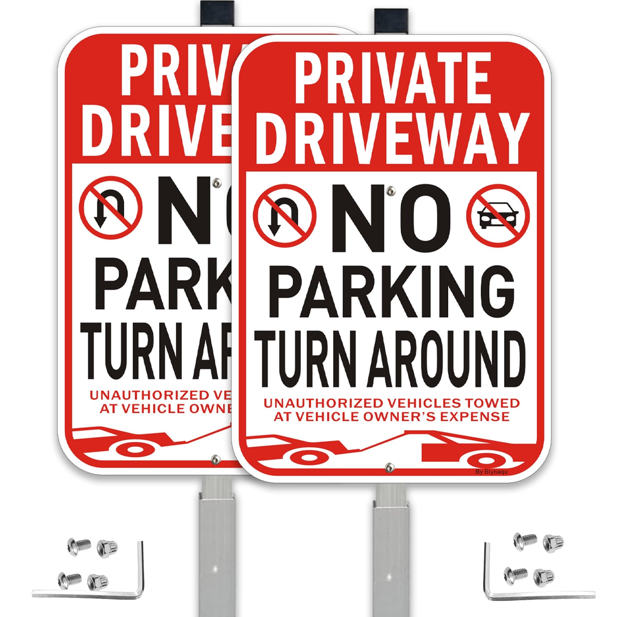 2Pack Private Driveway No Turn Around Sign, 14” x10” No Parking Signs with 36” Alloy Stake, Fade Resistant Reflective Aluminum,Waterproof, Easy to