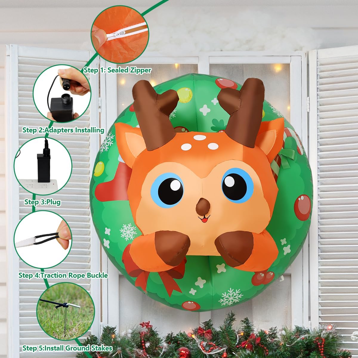 COMIN 3.4FT Christmas Inflatables Reindeer Window Outdoor Decorations Blow Up with Built-in LED Lights for Xmas Party Indoor Yard Lawn Garden Patio Decor