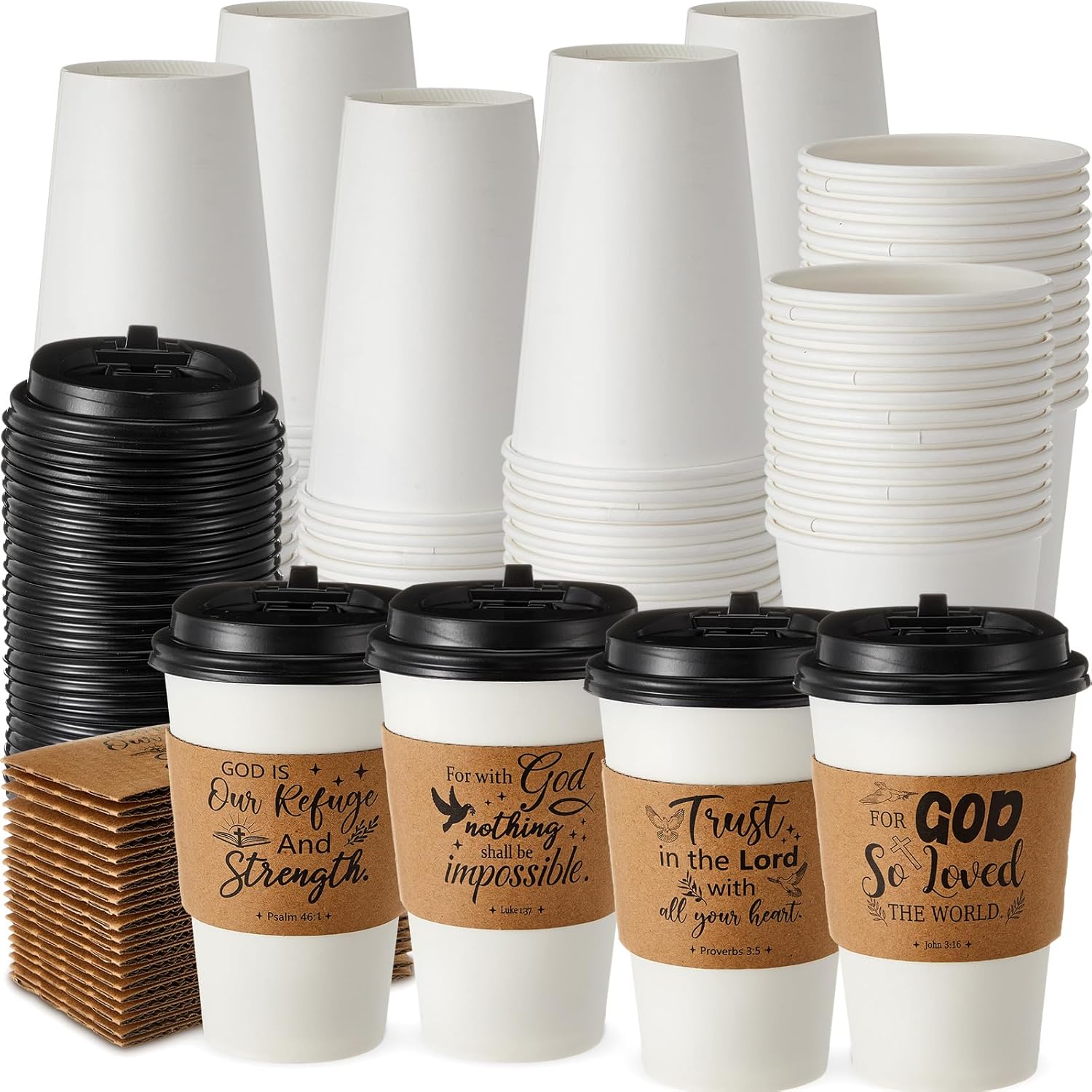 100 Sets 16oz Inspirational Christian Bible Verse Coffee Cups with Lids and Sleeves Religious Christian Paper Hot Coffee Cups for Church Religion Party Favor Sunday School Church Baptism
