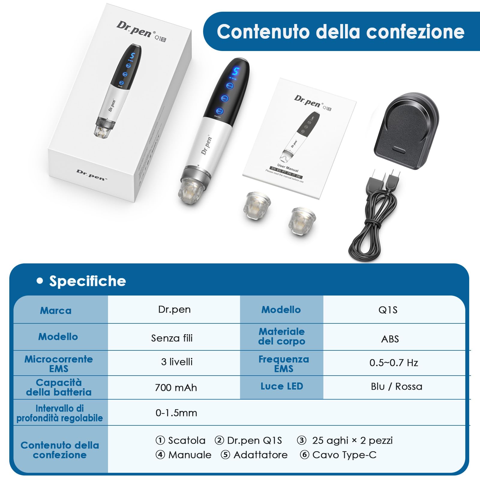 Dr. Pen Q1S Microneedling Pen, 3-IN-1 Luce Rossa e Blu, 5 Velocità, 3 Livelli EMS, Kit Dermapen Senza Fili Viso