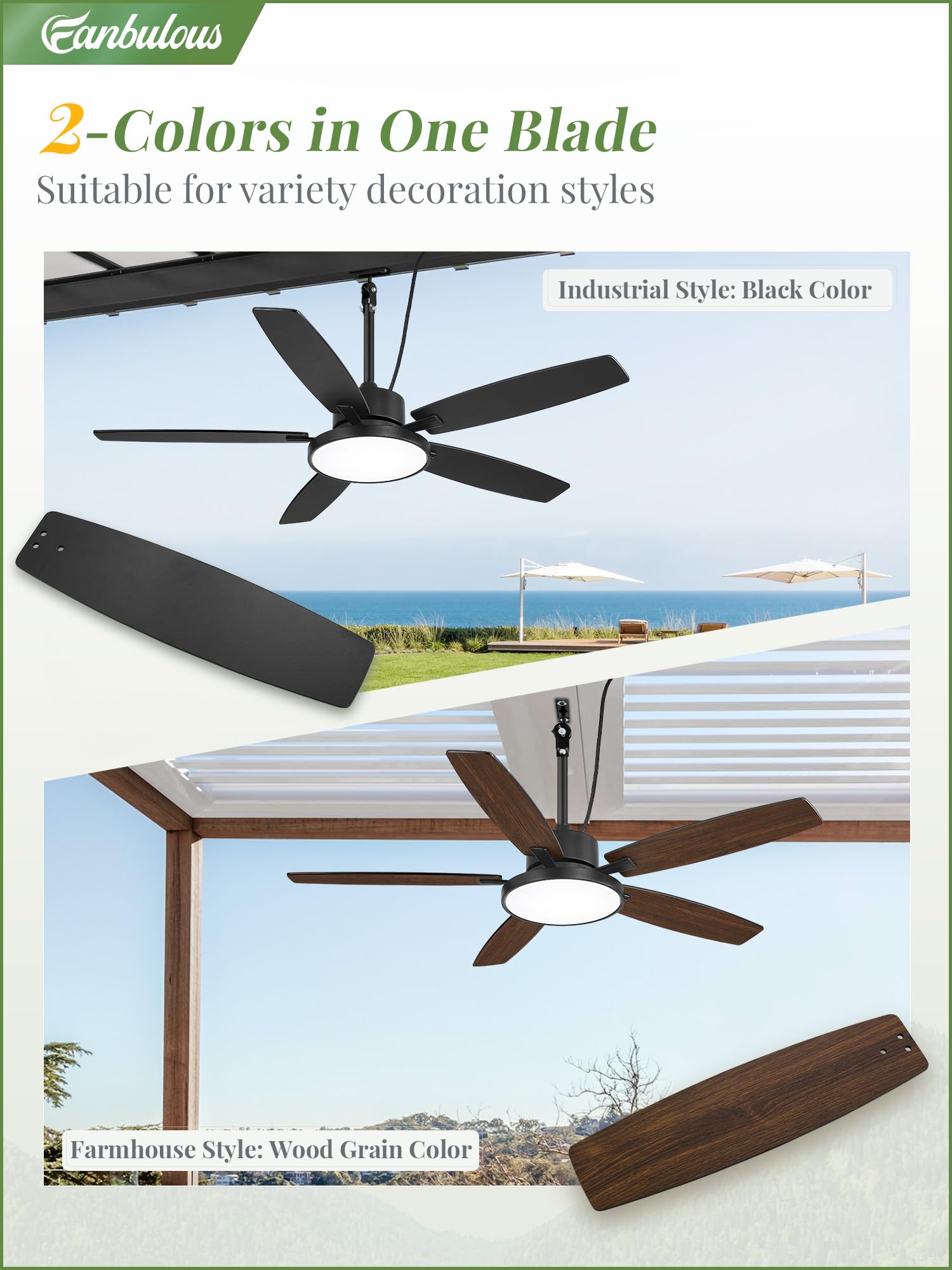 Fanbulous - Ventiladores de techo para exteriores de 52 pulgadas con luz y mando a distancia, IP65 con motor de CC de 6 velocidades, ventilador de cenador de granja para porche y pabellón (negro)