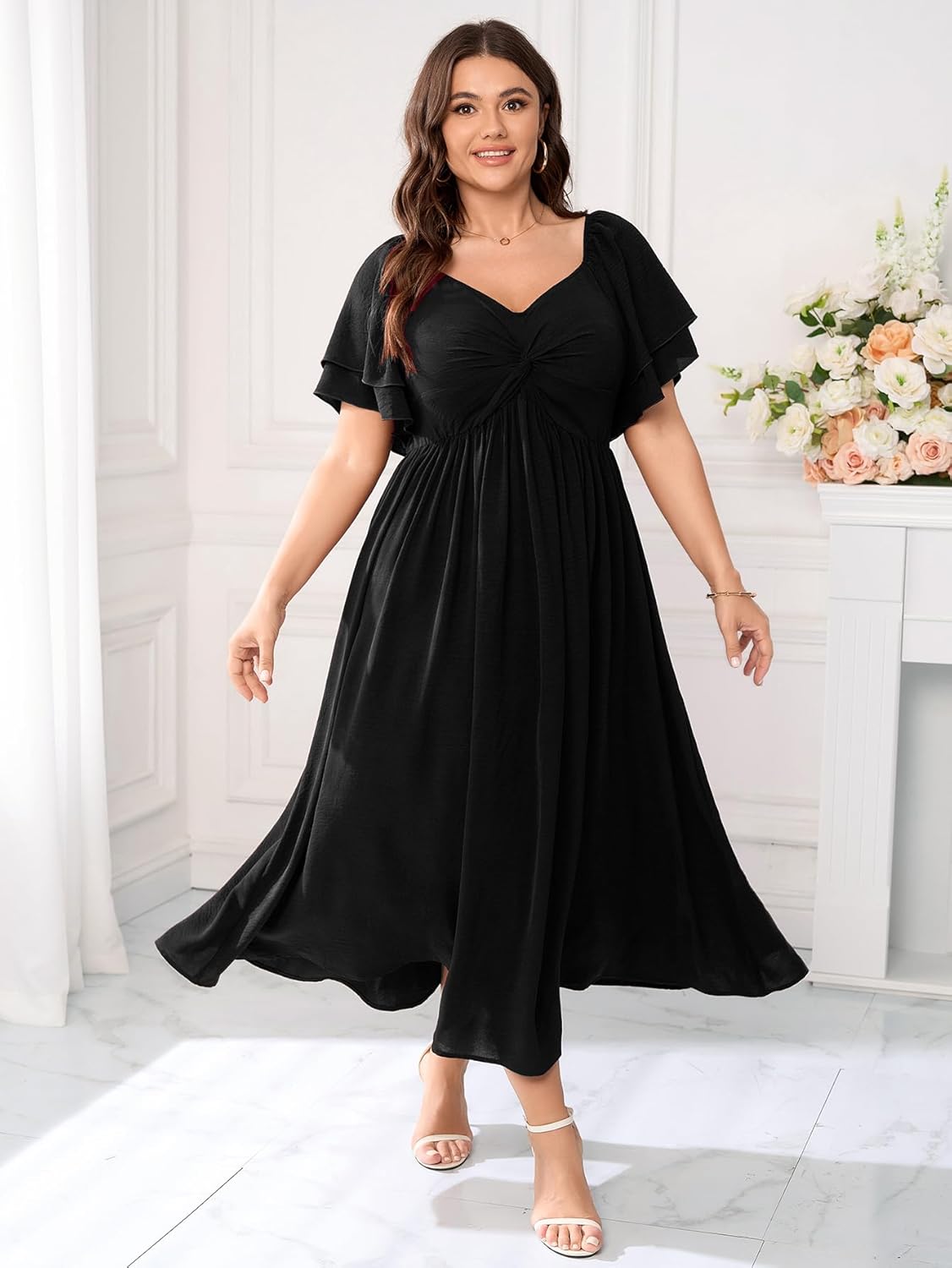 SCOMCHIC Women's Plus Size Wedding Guest Cocktail Dresses Sweetheart Neckline Ruffle Sleeve A Line Maxi Dress - Image 7