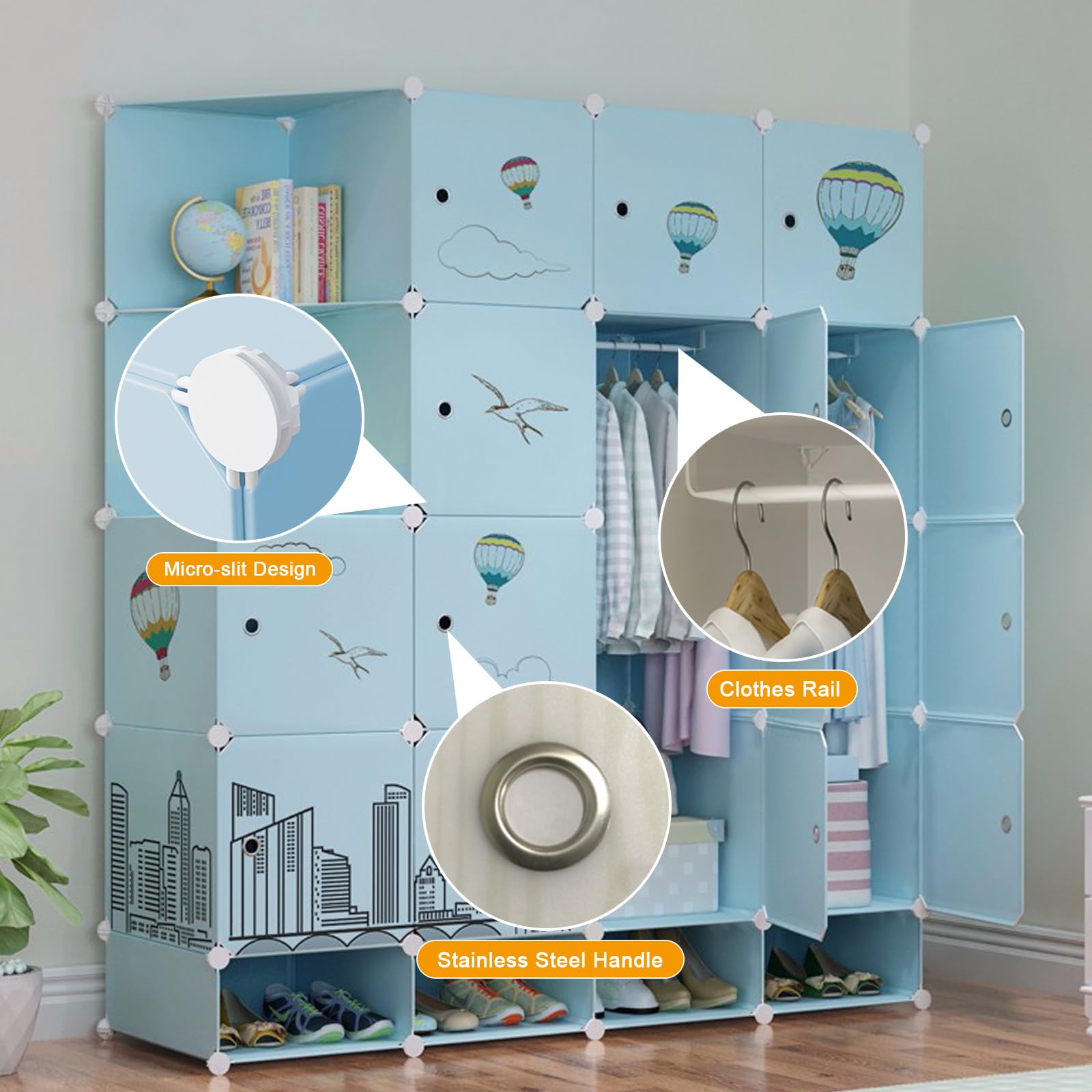 Armadio Bambini Modulare con Sezioni Appendiabiti e Ante in Plastica per Camera Dei Bambini