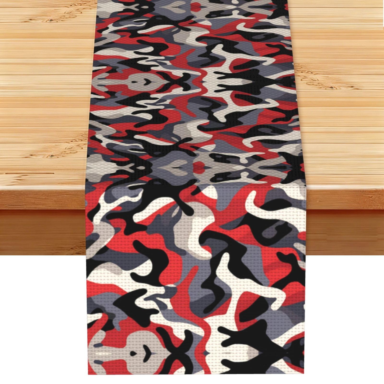 Bold Red Grey Beige Camo Printed Table Runner 13 x 72, Wrinkle Resistant Decor for Dining Table Coffee Table Fireplace