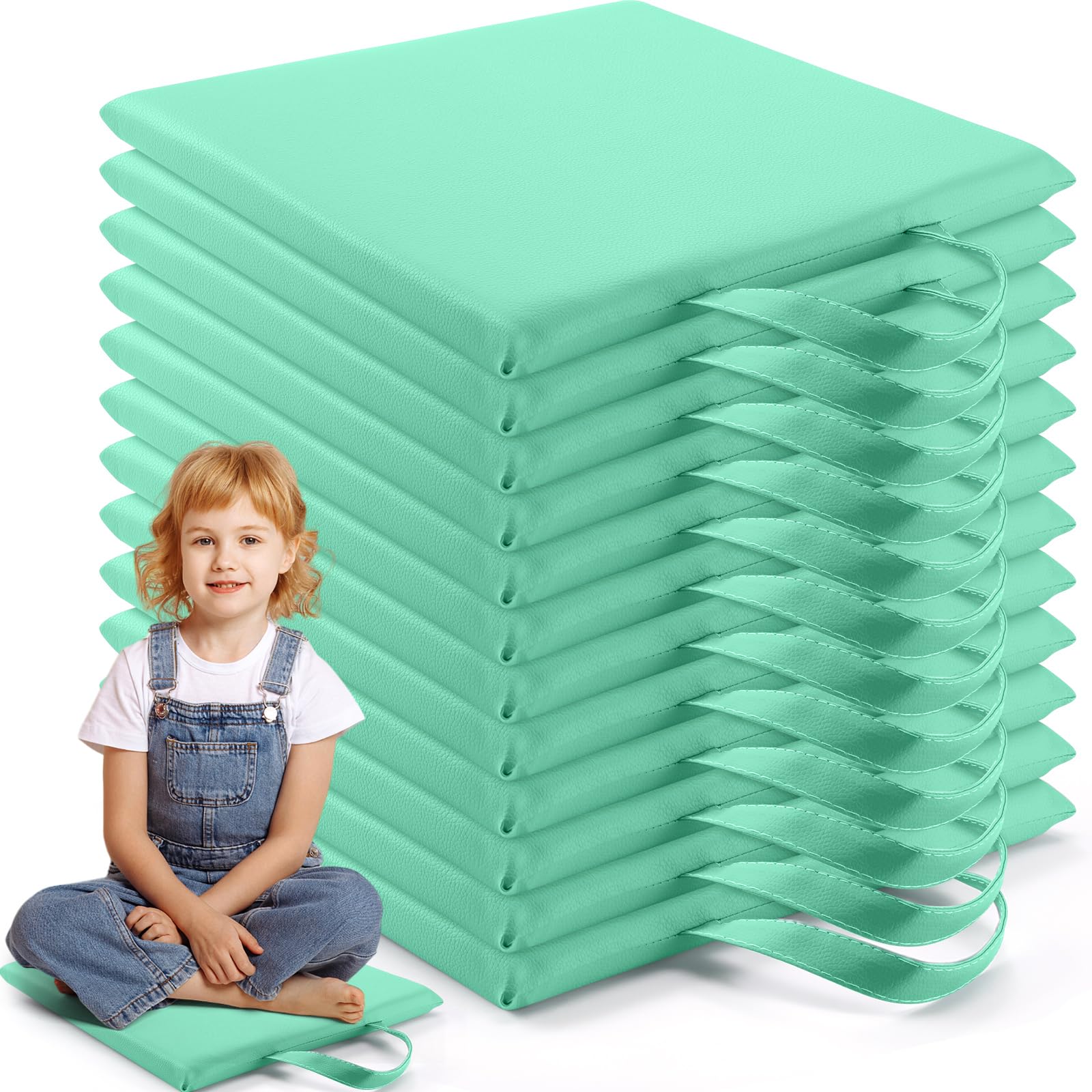Quadratische Bodenkissen für Kinder Klassenzimmer 30*30 cm Flexible Bodensitzmöbel für Grundschulen mit Griffen Klassenzimmer-Teppichkissen für Erwachsene Kleinkinder Kindertagesstätte(Mint Green)