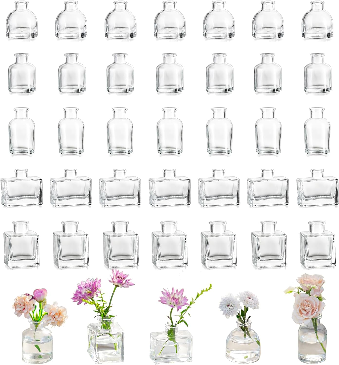 Small Glass Bud Vases for Centerpieces - Hewory 31pcs Clear Sturdy Cute Flower Vases Bulk, Mini Bottle Vase for Wedding Home Decor Birthday Party Events Mother's Day Bridal Shower Gifts Table Decor Clear Mini-31
