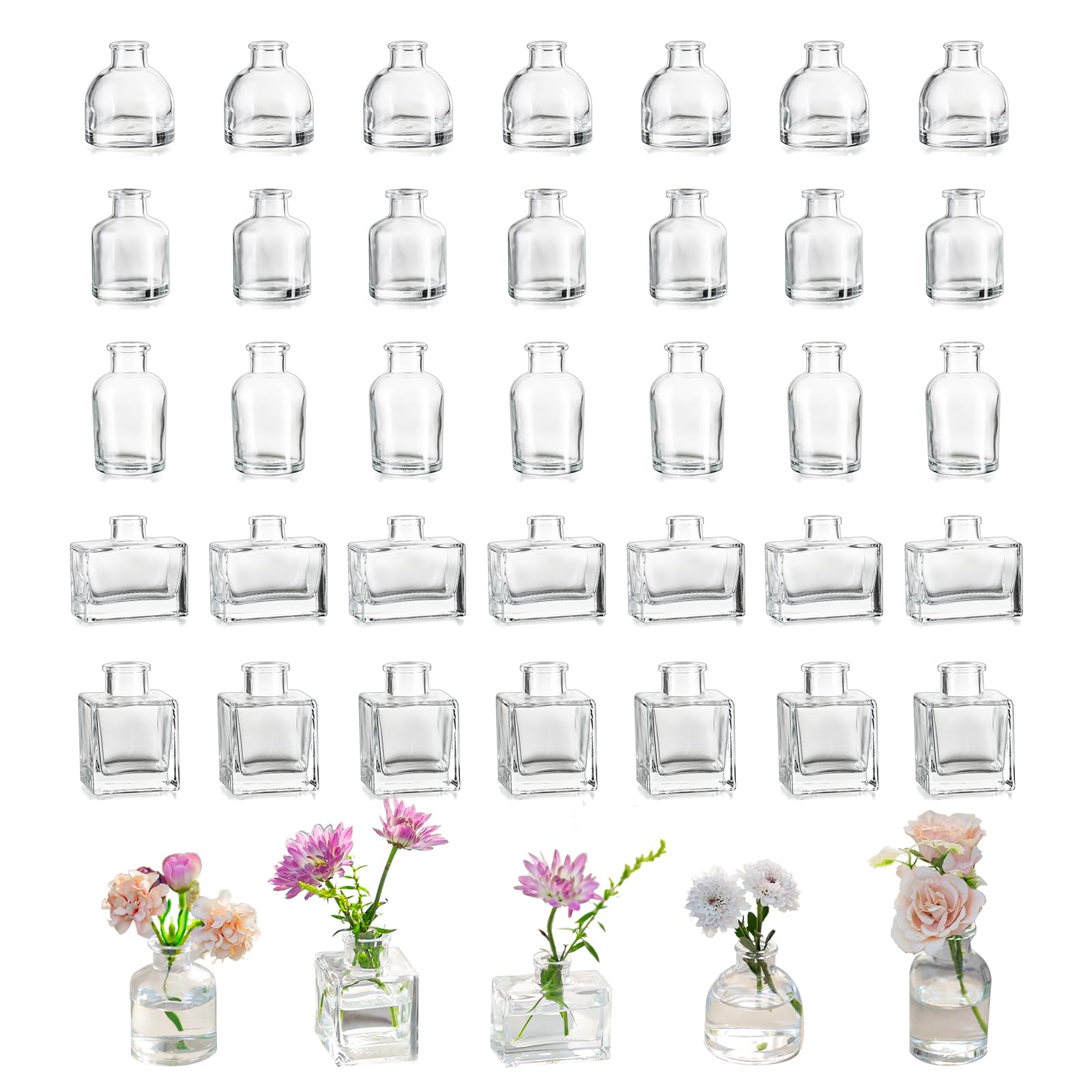 Small Glass Bud Vases for Centerpieces - Hewory 40pcs Clear Sturdy Cute Flower Vases Bulk, Mini Bottle Vase for Wedding Home Decor Birthday Party