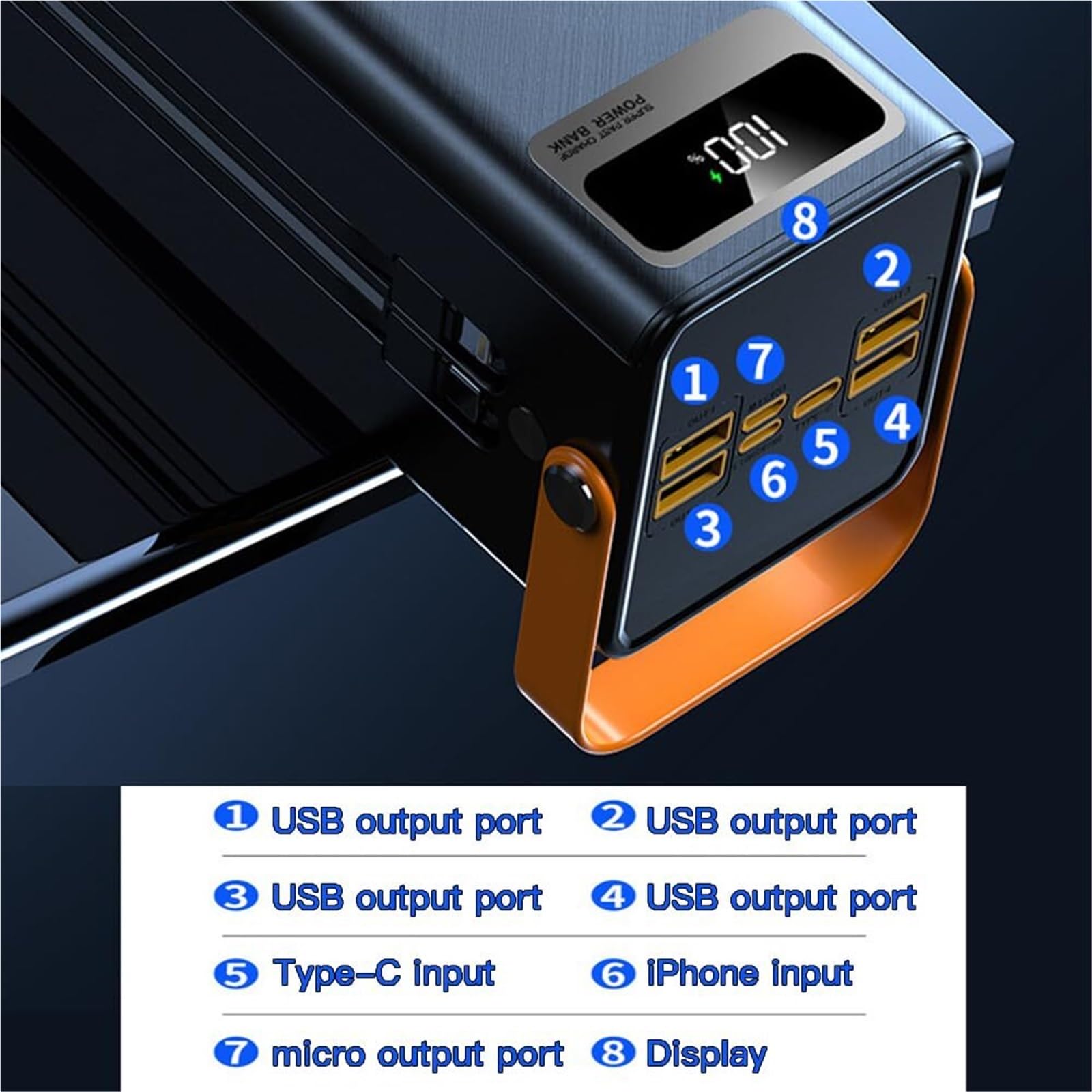 Power Bank Paquete De Batería Grande USB De 80000mAh con Pantalla LED, Cables Incorporados Powerbank De Carga Rápida De 22.5W, Cargador Portátil Compatible con Tabletas(D,60000Mah)