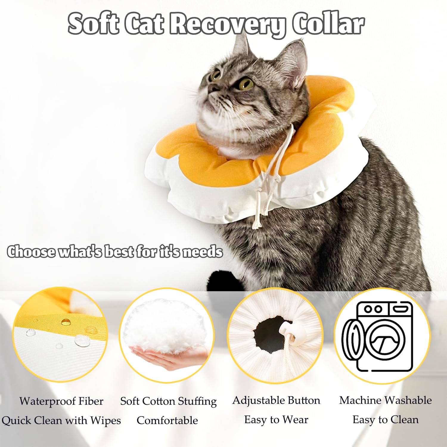 Cat Cone Collar Soft, Adjustable Kitten Cones After Surgery, Waterproof Kitten e Collar Soft to Stop Licking (Yellow Flower, XS)