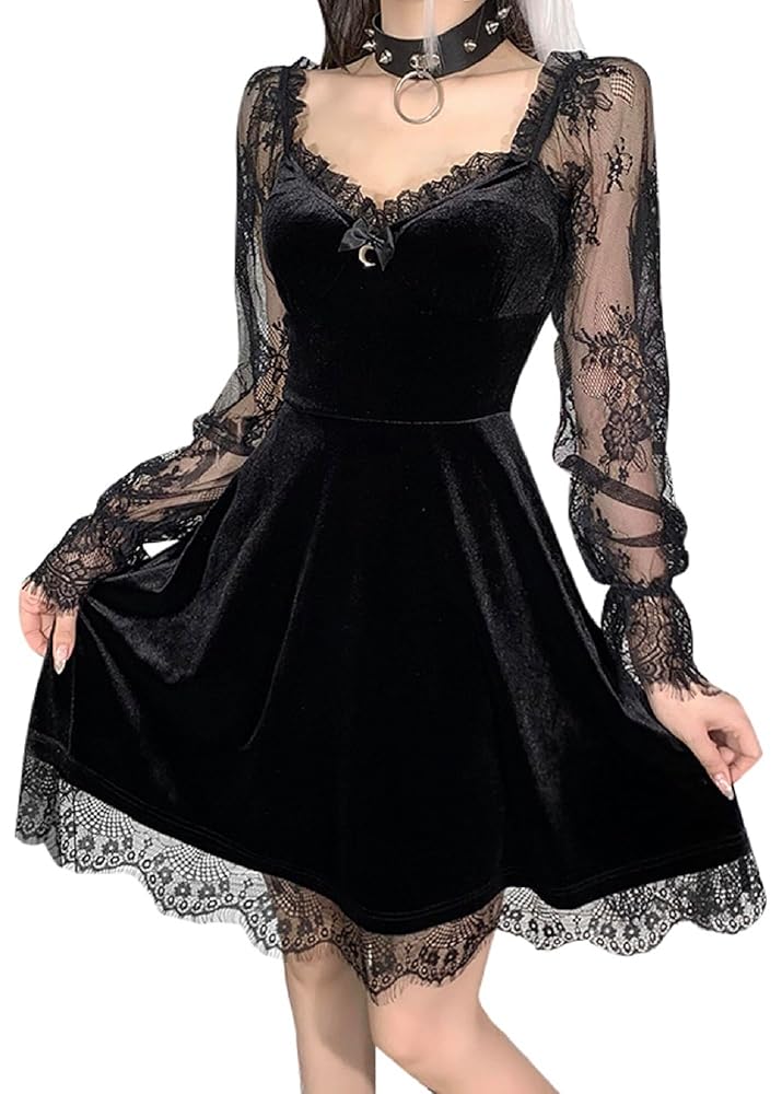 トップス VOCK Moonlight Long Sleeve Velvet Dress Amazon.com: Gothic Clothes Goth Goth Moon Sexy Black Dress