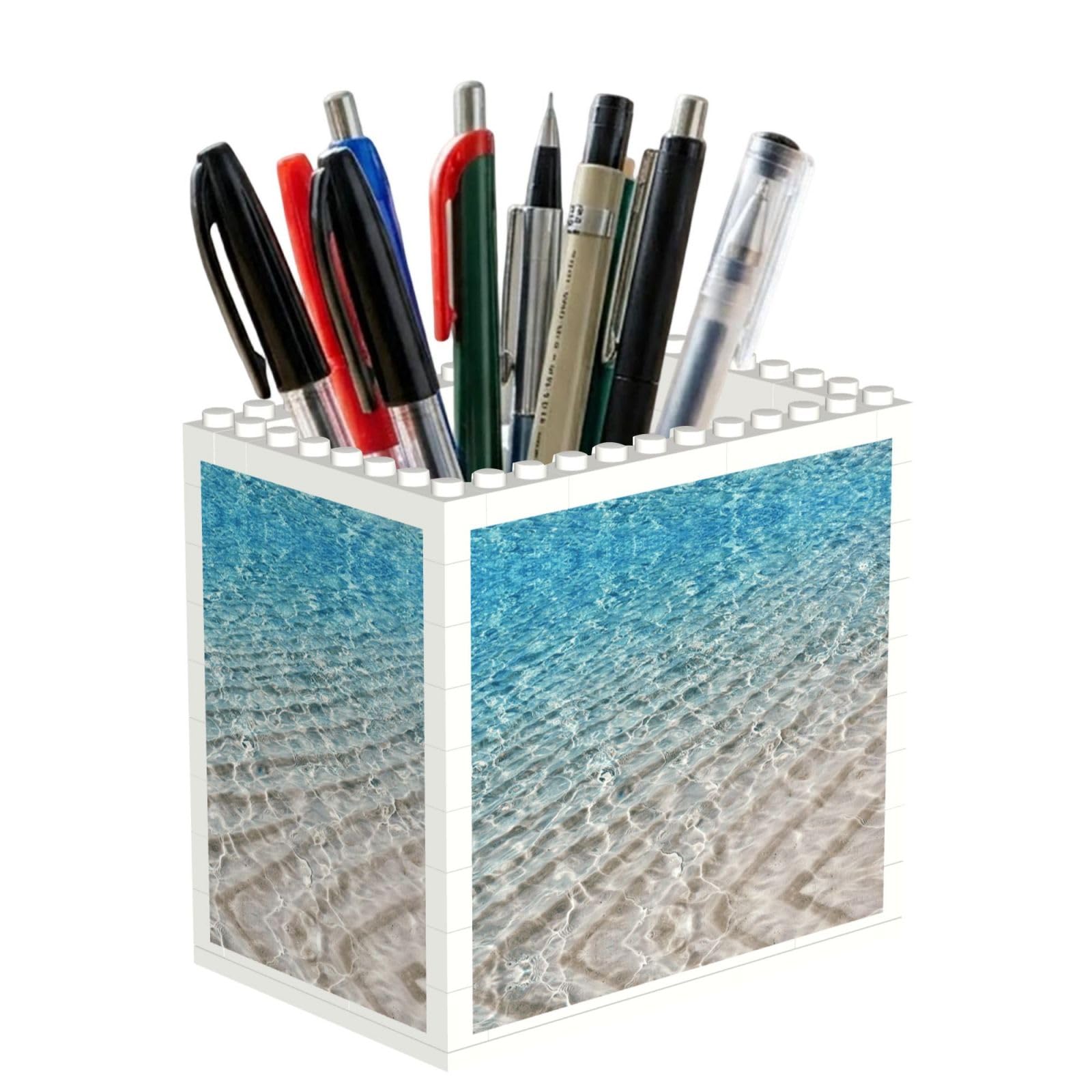 SATUSA Clear Sea Water Print Building Block Texture Pen Holder - Pencil Holder For Desk Pen Organizer,Aesthetic Desk Accessories For Women(1pcs)
