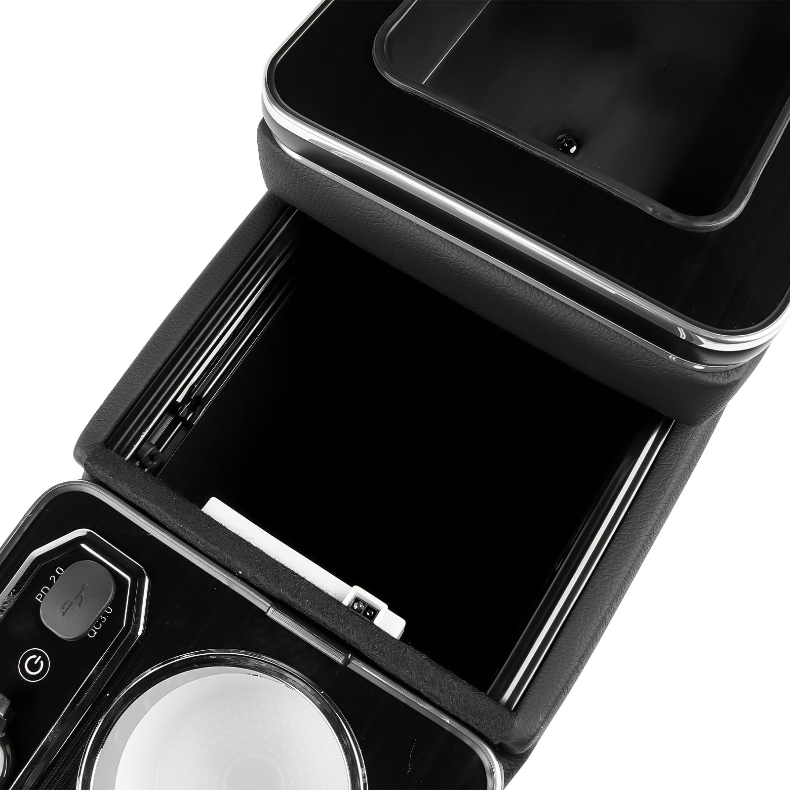 Compartimento de Almacenamiento de la Consola Central con 1 Salida para Encendedor de Cigarrillos, 3 Puertos USB, 2 portavasos, 1 Soporte para teléfono y 1 cajón Compatible con T4 T5