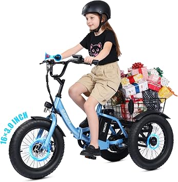 ESKUTE Mini E-Trike Electric Bike, 16X3.0 Fat Tire Folding Trike, 378Wh Battery, Peak 500W Motor, Step-Thru 3 Wheel Electric Bicycle, 12.5MPH Safe Speed, Tricycle for Begginer, Age 6+, Blue