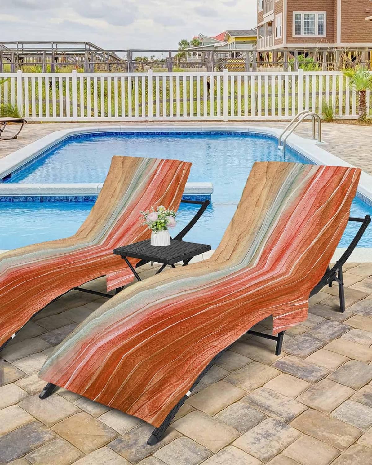 Ocean Orange Beach Chair Cover with Side Pockets, Microfiber & Quick Dry Pool Chaise Lounge Chair Towels Covers for Sun Sunbathing Patio Garden Hotel, Summer Beach Seawave Sand Ombre Stripe