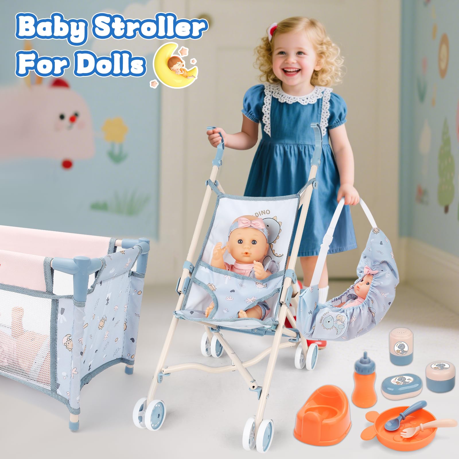 deAO Set de Accesorios para Muñecas - con 30CM Muñeca, Cochecitos Plegable, Tronas, Cunas, Bolsa para Guardar, Vajilla - Juguetes para Juegos de rol, Regalo Ideal para Niñas a Partir de 3 Años