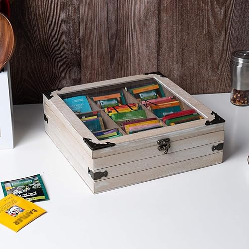 Vista 11 de Organizador de bolsas de té, caja de té de madera para bolsas de té, organizador de té, 9 compartimentos, caja de almacenamiento de baúl de té