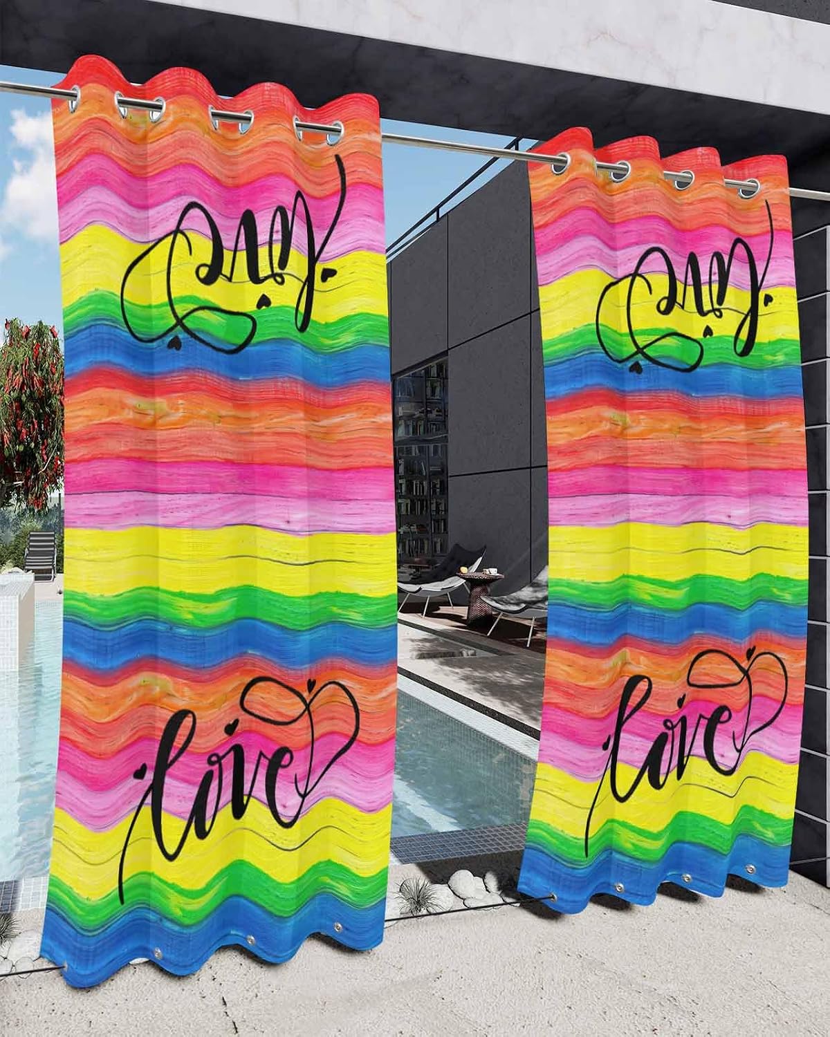 Outdoor Waterproof Curtains, Love Rainbow Colored Flag of Gay Wood Grain Weatherproof Curtain Grommet Top and Tab Bottom Drape, Thermal Insulated Curtain for Patio Porch Gazebo Pergola
