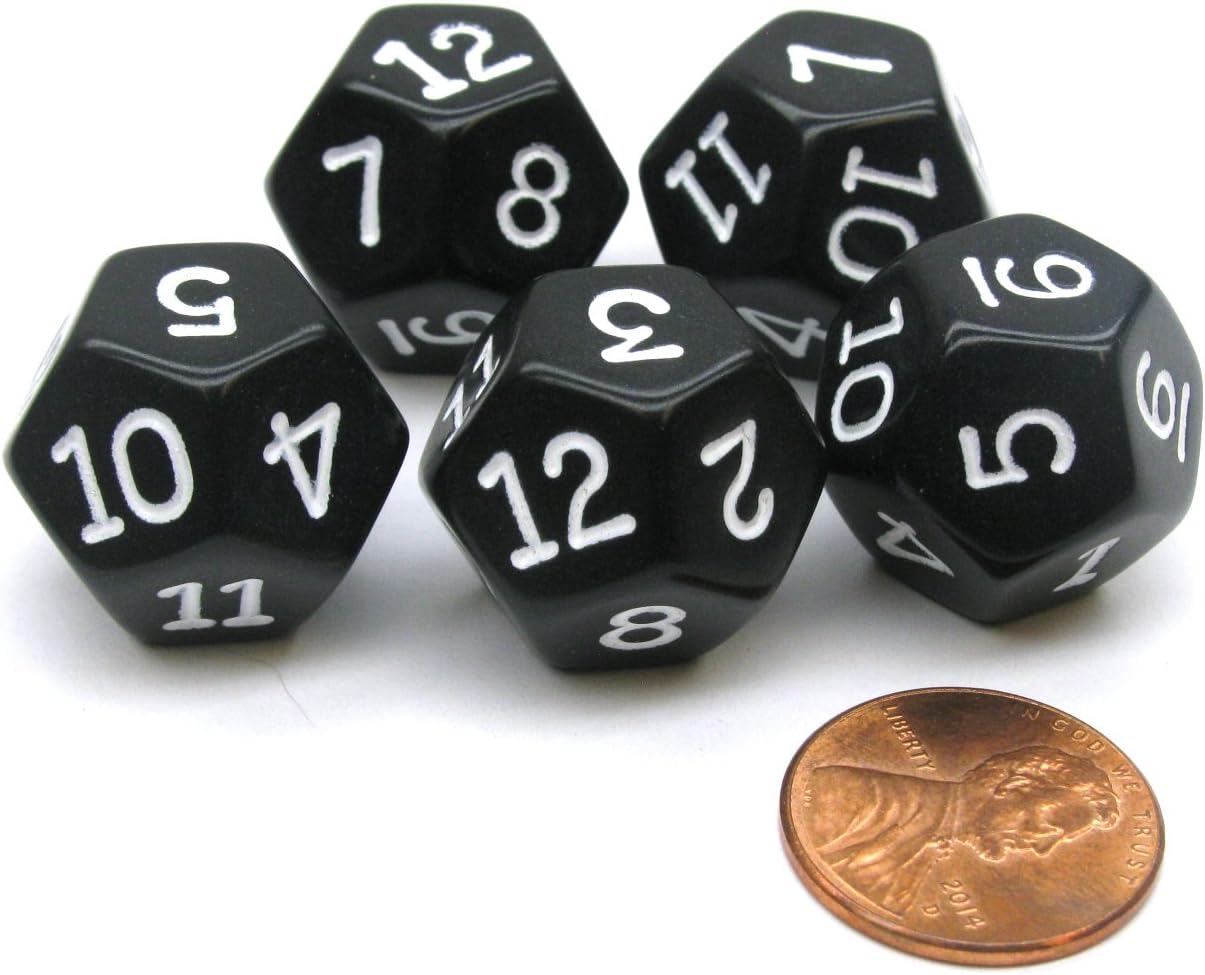 Set of 5 D12 12-Sided 18mm Opaque RPG Dice - Black with White Numbers