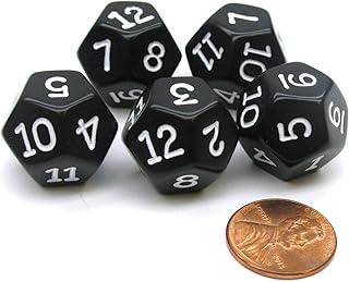 Koplow Games Set of 5 D12 12-Sided 18mm Opaque RPG Dice - Black with White Numbers