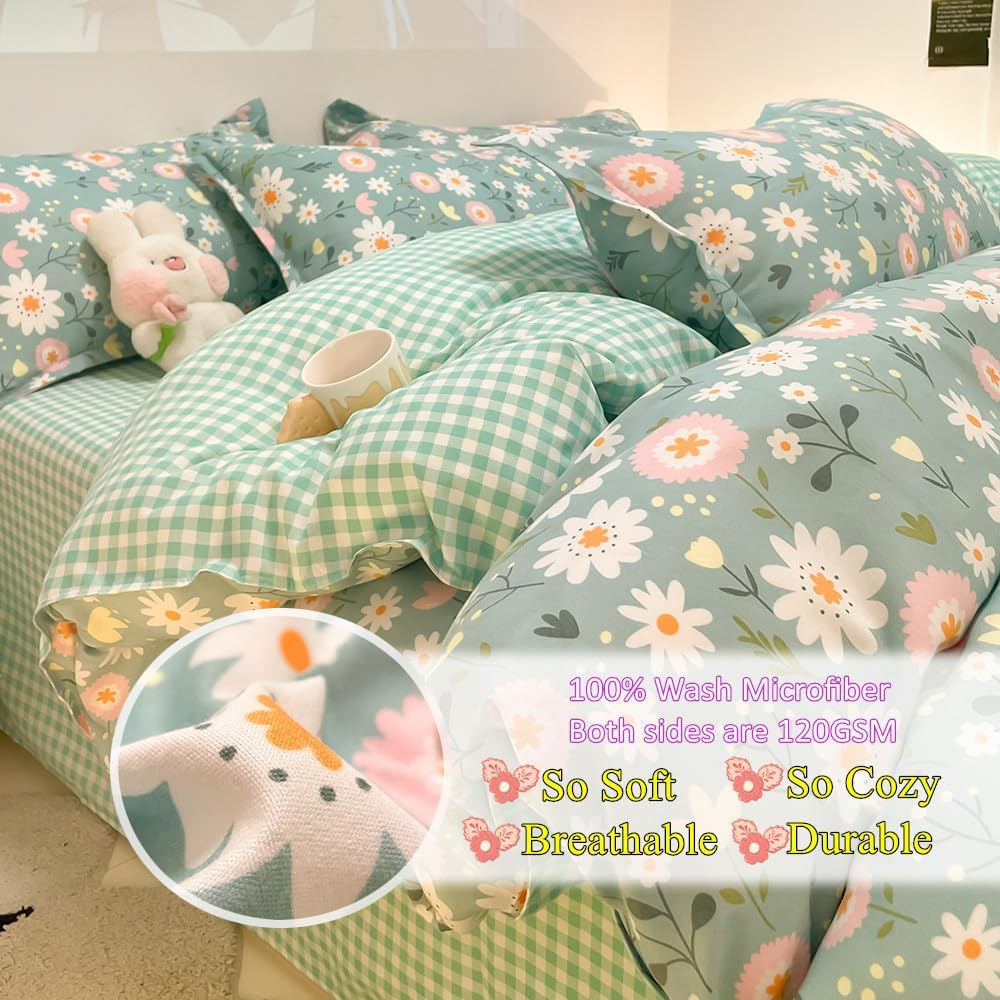 Sage Green Duvet Cover,Botanical Daisy Floral Duvet Cover Set,3 Pcs Kids Comforter Cover Set,Garden Flower Bedding Set,Soft Reversible for Girls Women Boys(Flowers,Twin)