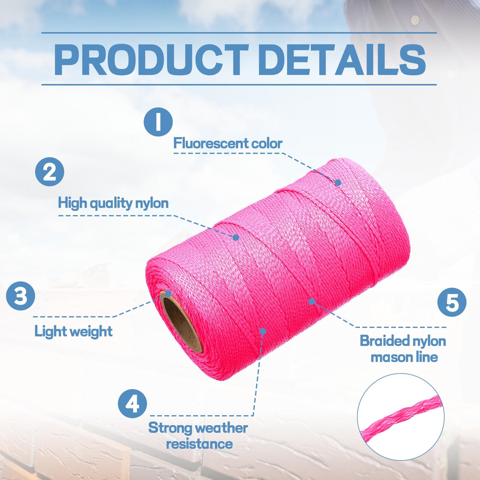 Woanger 8 rollos de cuerda de nailon trenzado de 500 pies de longitud para mampostería, cuerda de nailon para construcción, jardinería, manualidades, proyectos de bricolaje, taller, rosa fluorescente