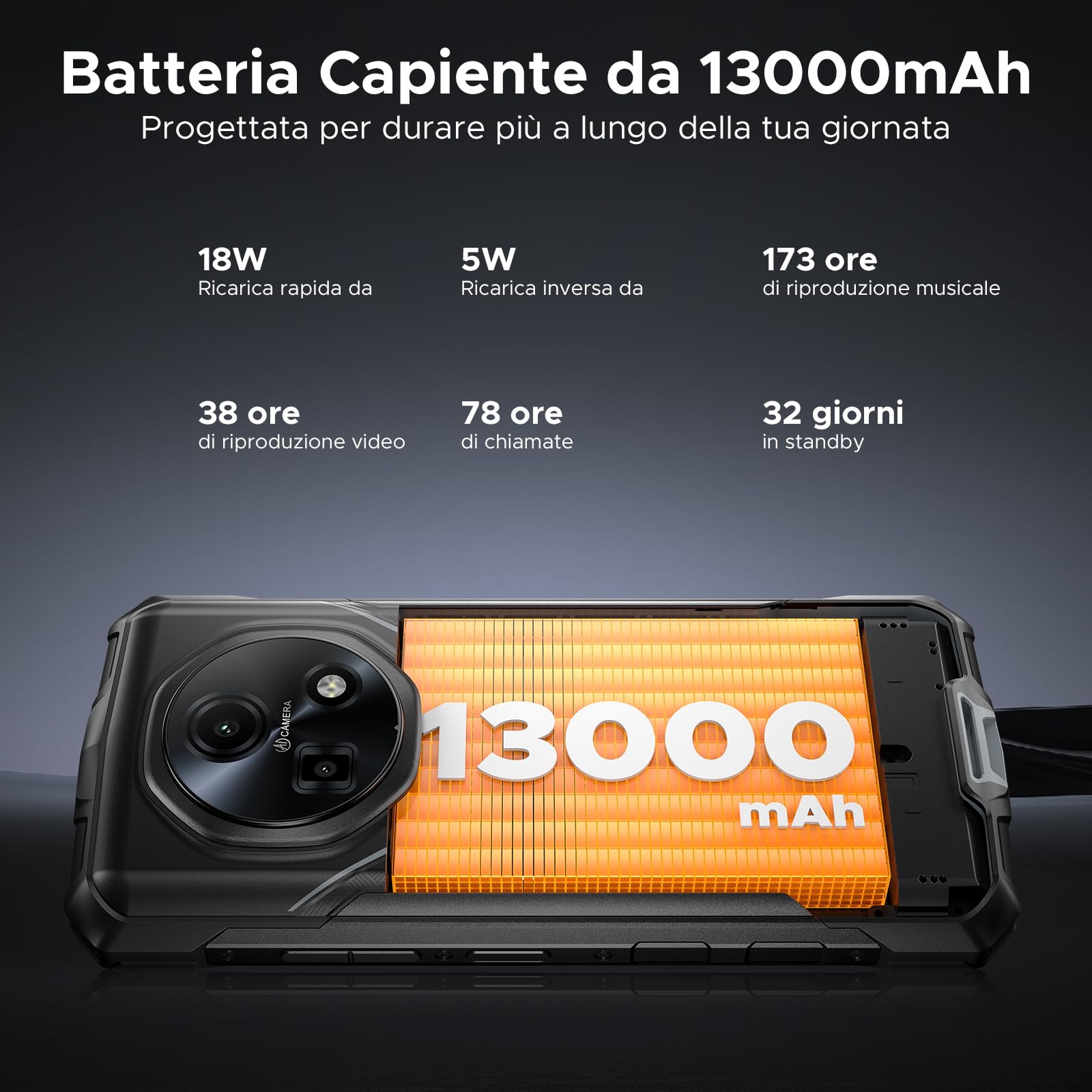 DOOGEE Fire 5 Ultra Rugged Smartphone, 32GB+256GB/2TB Telefono Indistruttibile, 1200LM, MTK G81, 13000mAh 6.6" Cellulare Antiurto Android 15, 48MP, Camping Lights/4G Dual SIM/Fingerprint/Face ID/NFC