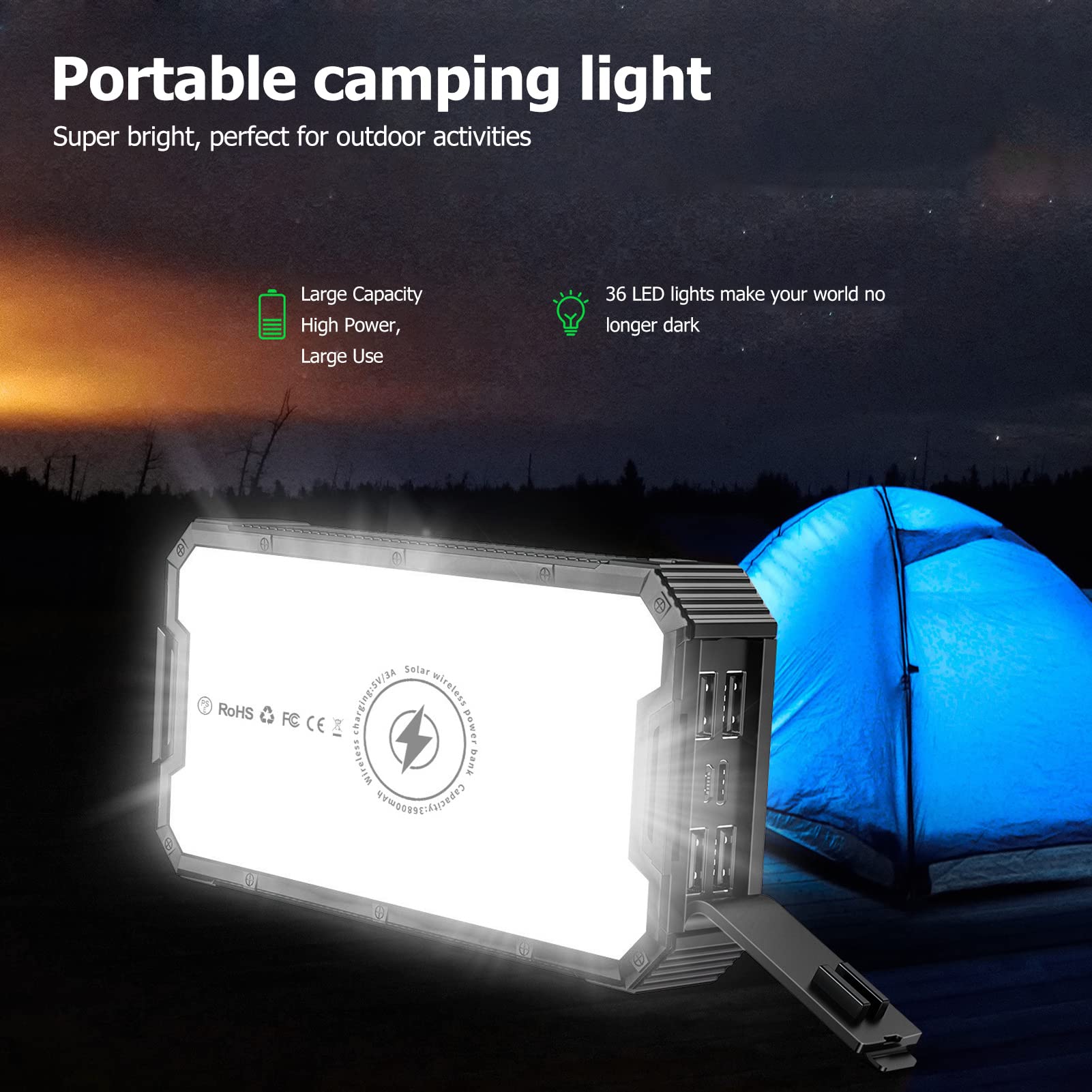 Ejoyous Solar PowerBank 36800 MAH, Przenośna ładowarka ładowarki Słonecznej z 36leds z Obciążeniem Bezprzewodowym z 4 Portami USB Typ C Wireless Ładowanie do Obozu na Zewnątrz Reisen (BLACK)