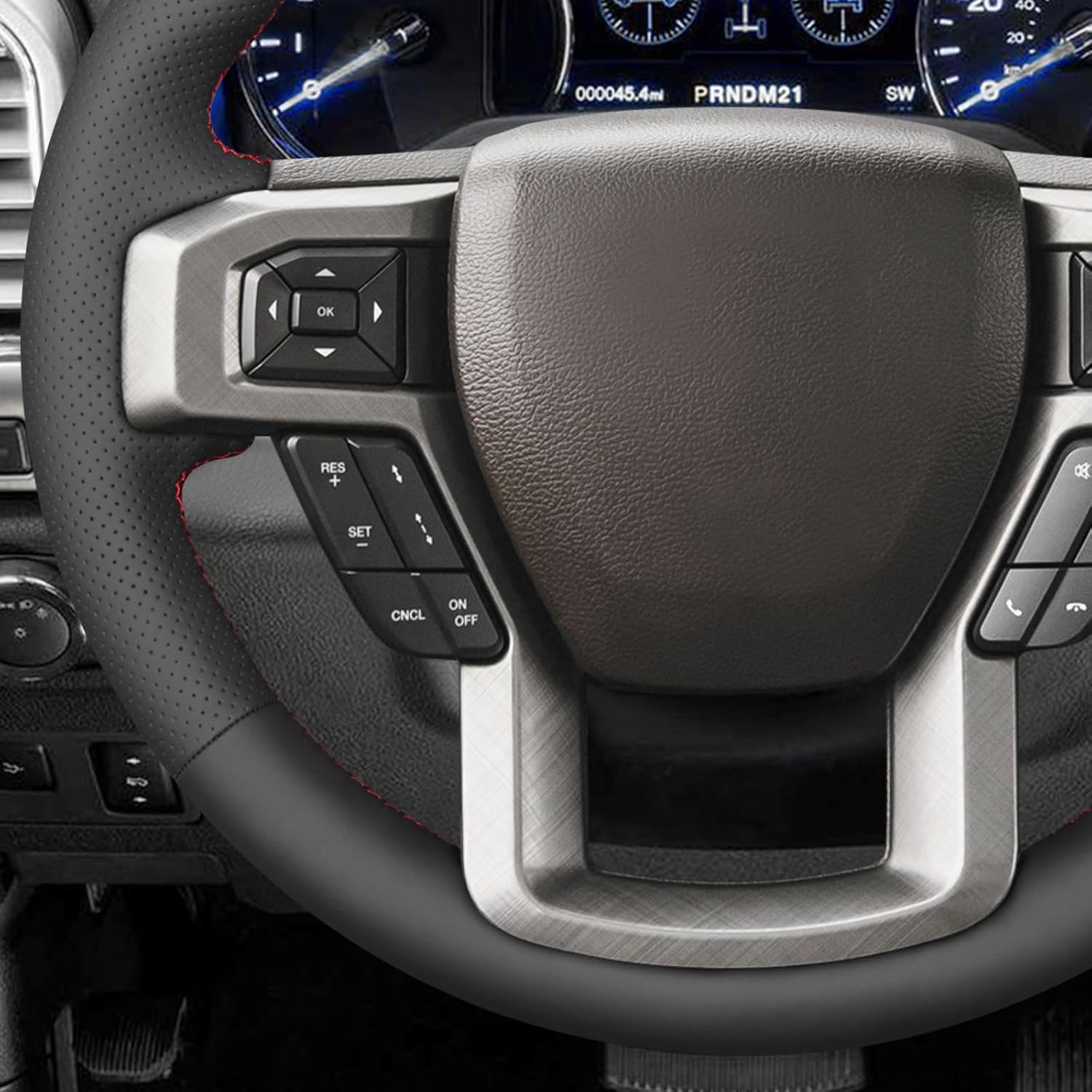 MEWANT Hand Sewn Steering Wheel Cover Wrap for Ford F-150 2015-2020 / F-250 2017-2021 / F-350 2017-2021 / F-450 2017-2021 / F-550 2017-2021 / F-600 / F-650 / F-750 Car Steering Wheel Accessories