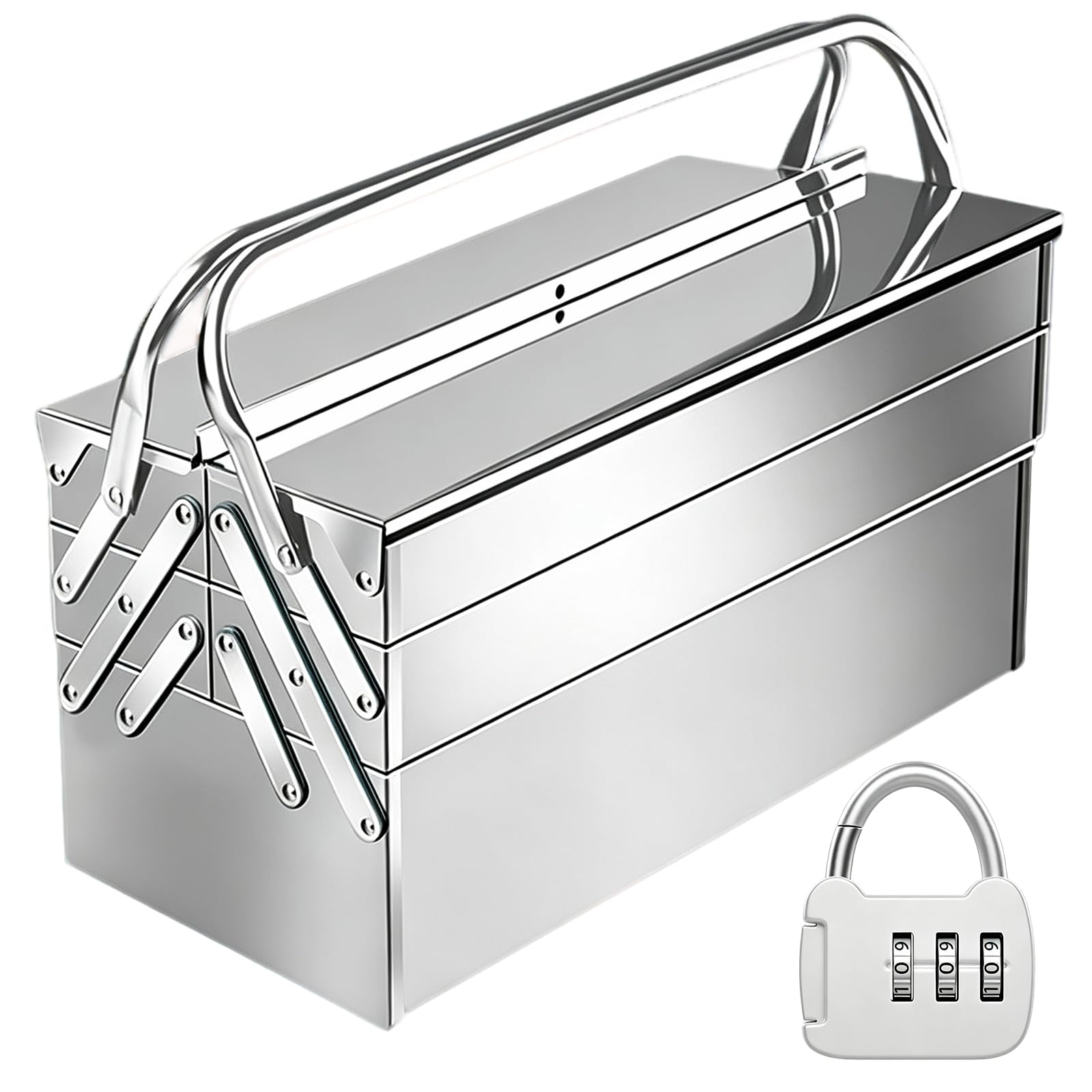 Caja de Herramientas Voladiza Metal, Plegable Acero Inoxidable 3 Niveles | Organizador de Almacenamiento Plegable con Asa Portátil Lateral Extensible 355x215x205mm