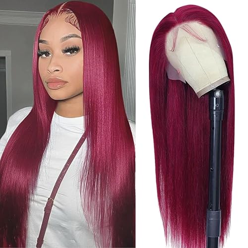 Pelucas de cabello humano lacio color borgoña de 13 x 4 pulgadas, densidad del 180 %, pelucas de cabello humano prearrancado sin pegamento 99J