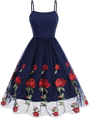 Womens Spaghetti Strap Floral Embroidered Dress for Women Embroidery Rose Dress Sleeveless Tulle Prom Cocktail Party Dress